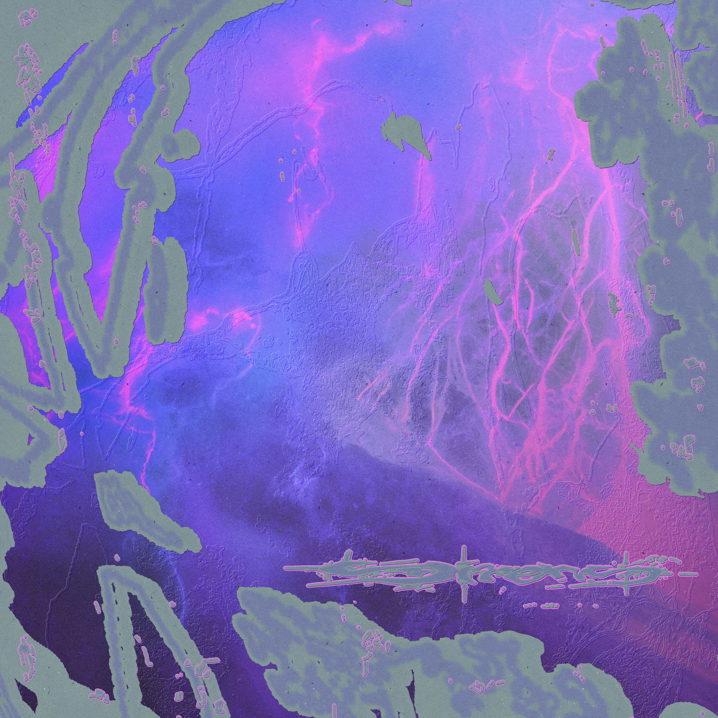 Purple and pink abstract textures bordered by pale green shapes