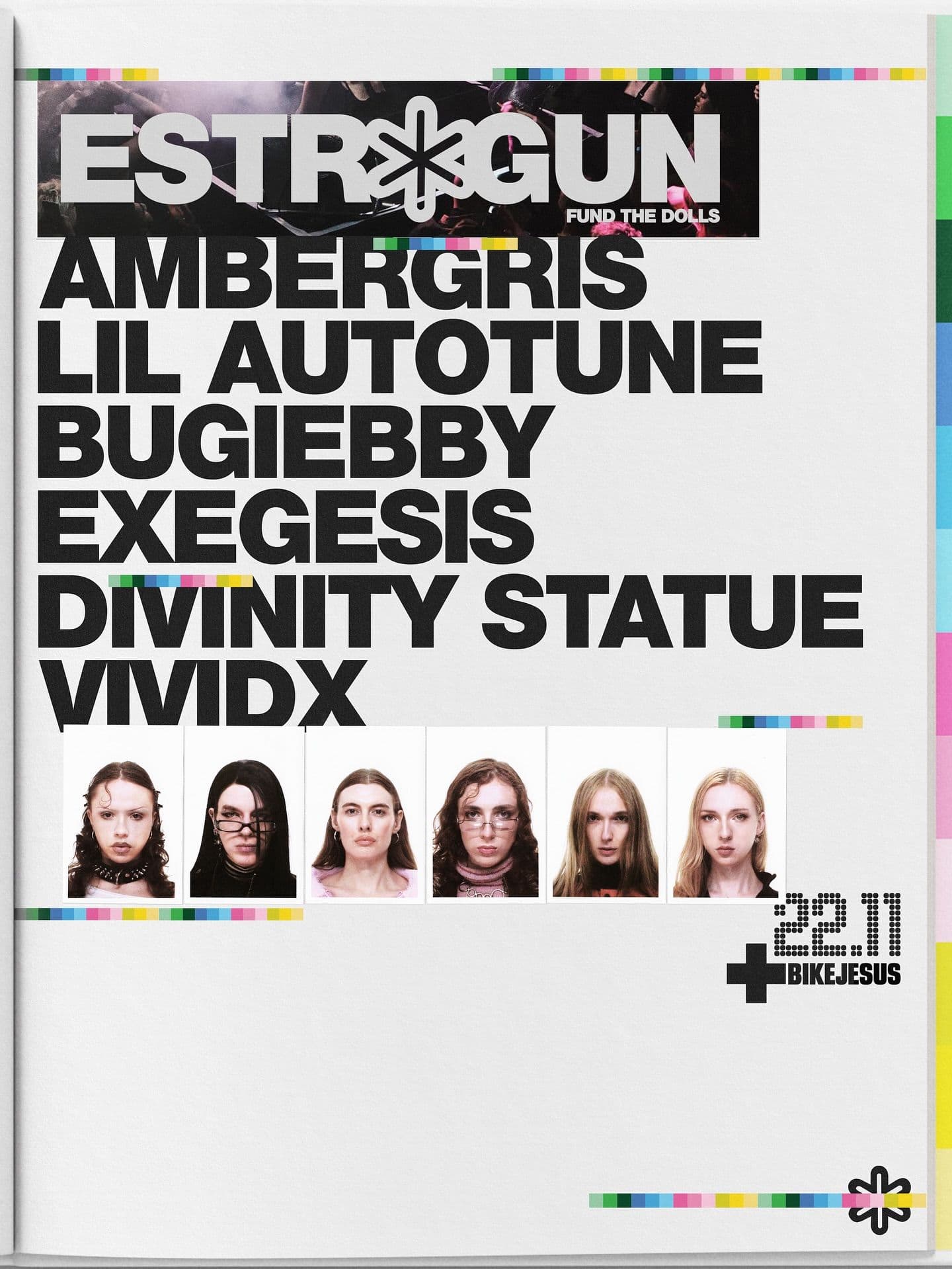 Black performer names above a row of portraits on a white flyer with colour bar accents