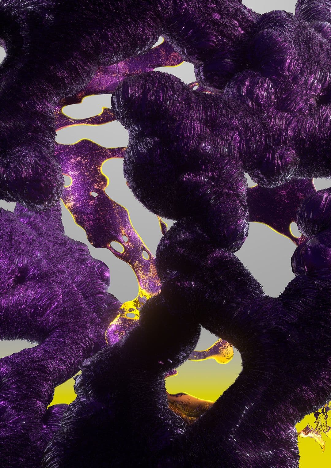 Rough purple forms with yellow highlights visible through gaps