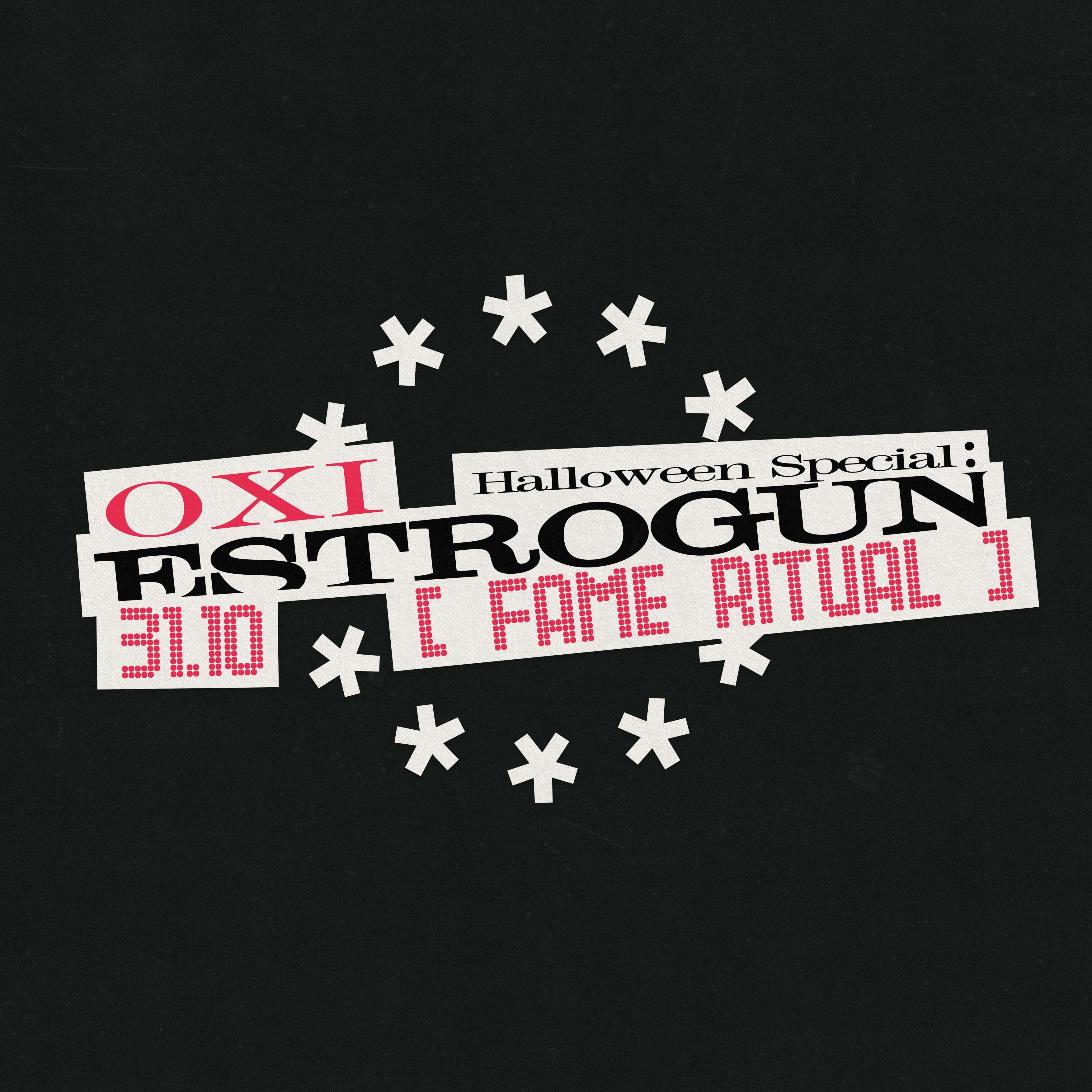Red and black Fame Ritual lettering on white strips surrounded by white asterisks on black