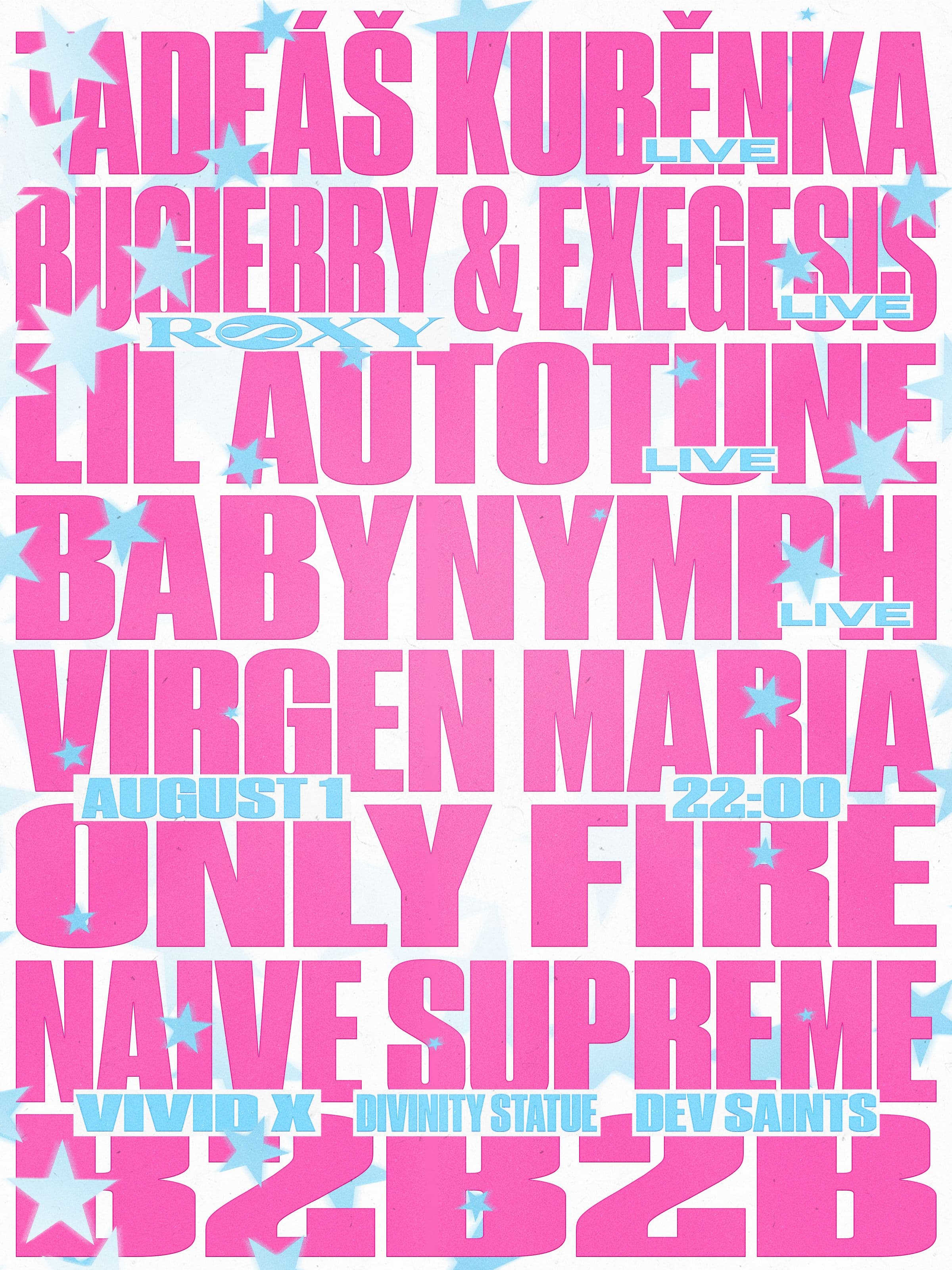Pink performer names stacked across a white poster with blue accents