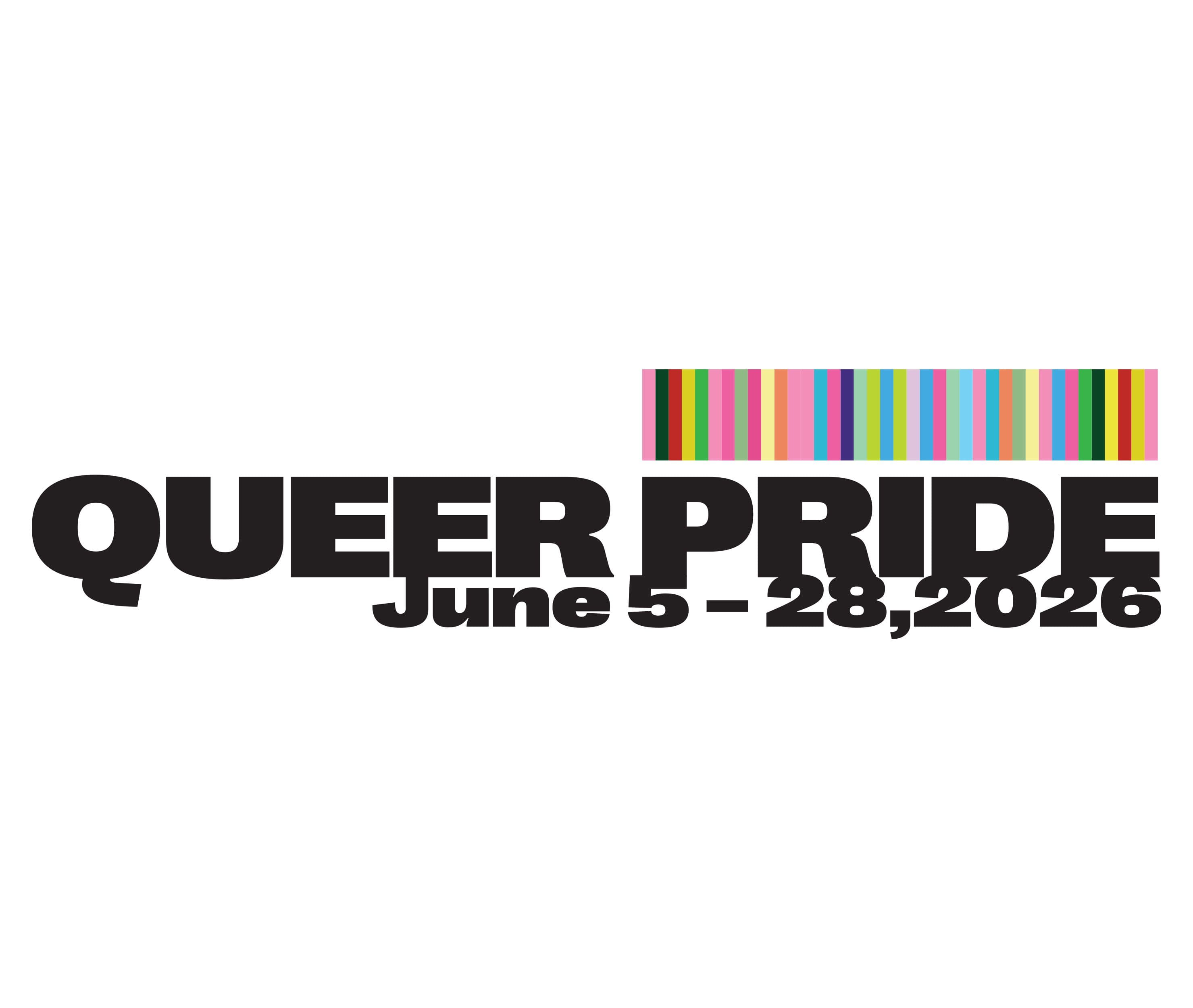 Bold black Queer Pride lettering with festival dates and a strip of rainbow colours