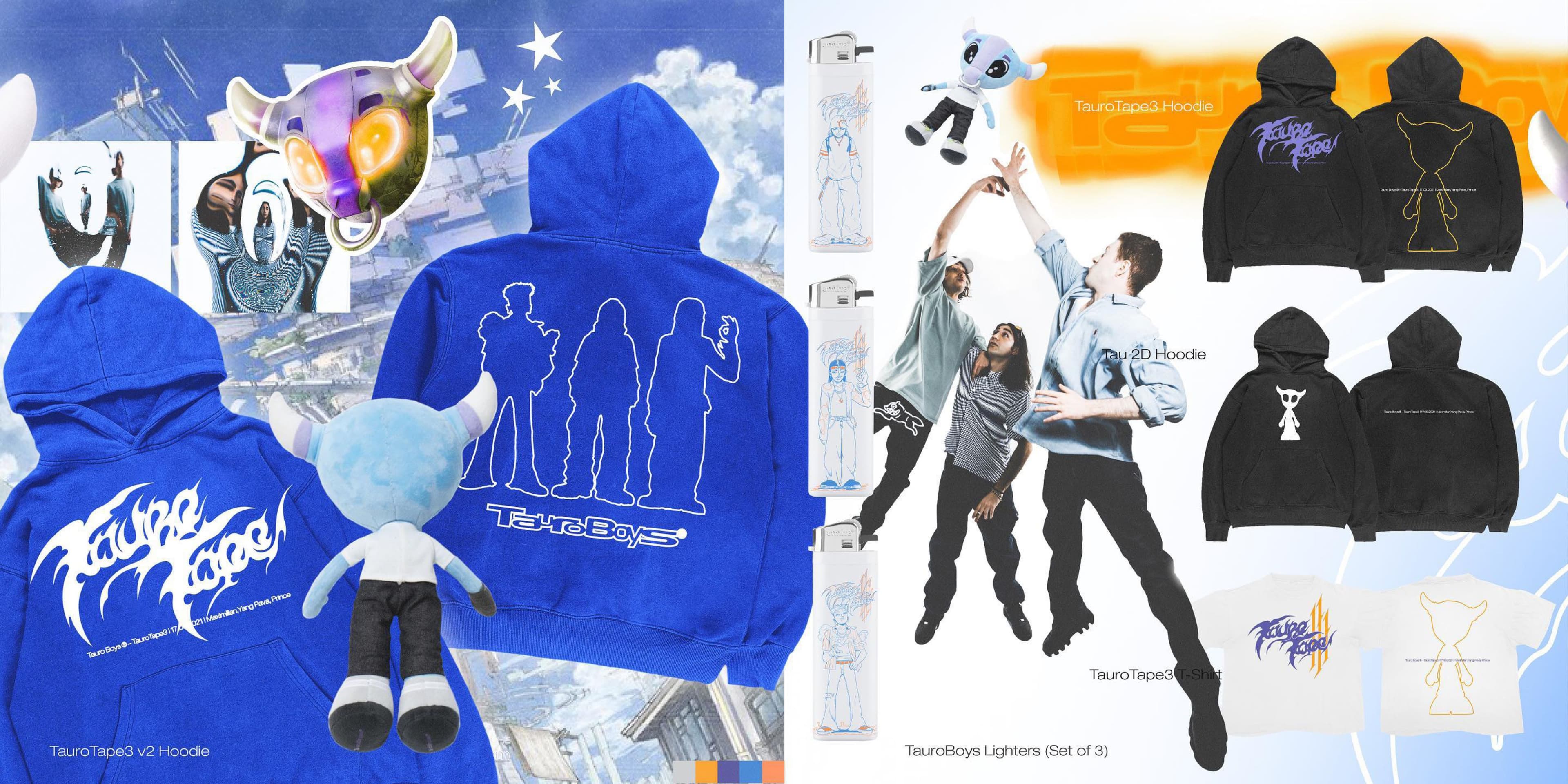 Blue and black hoodies displayed with character graphics, lettering and collage elements