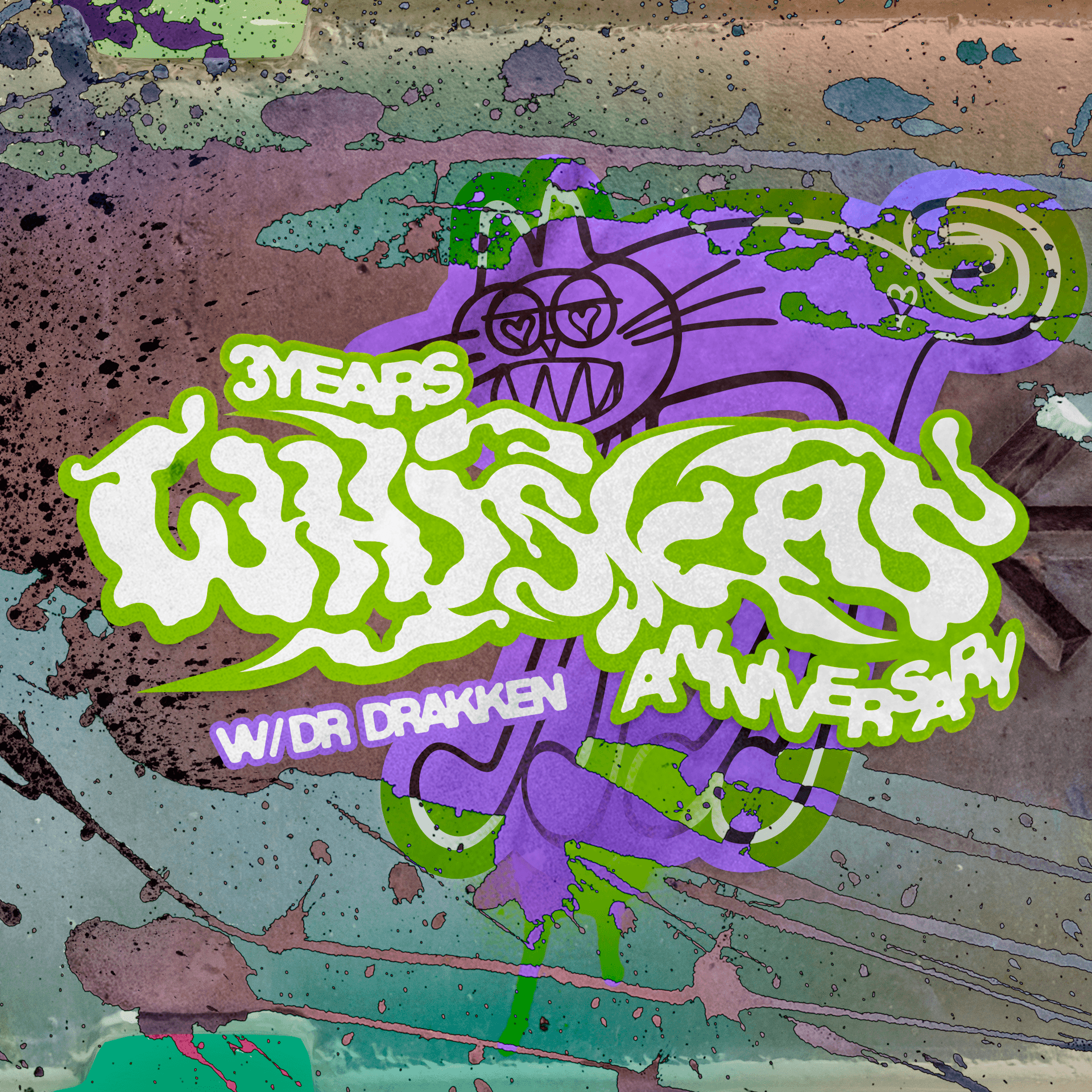 White and green WHISKAS anniversary lettering over purple and grey textures