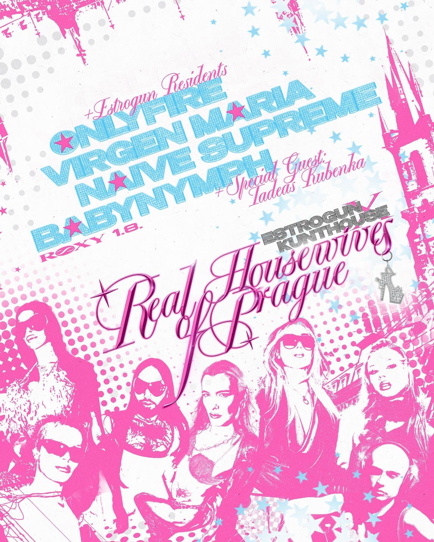Pink and blue event poster combining performer names, script lettering and a group portrait