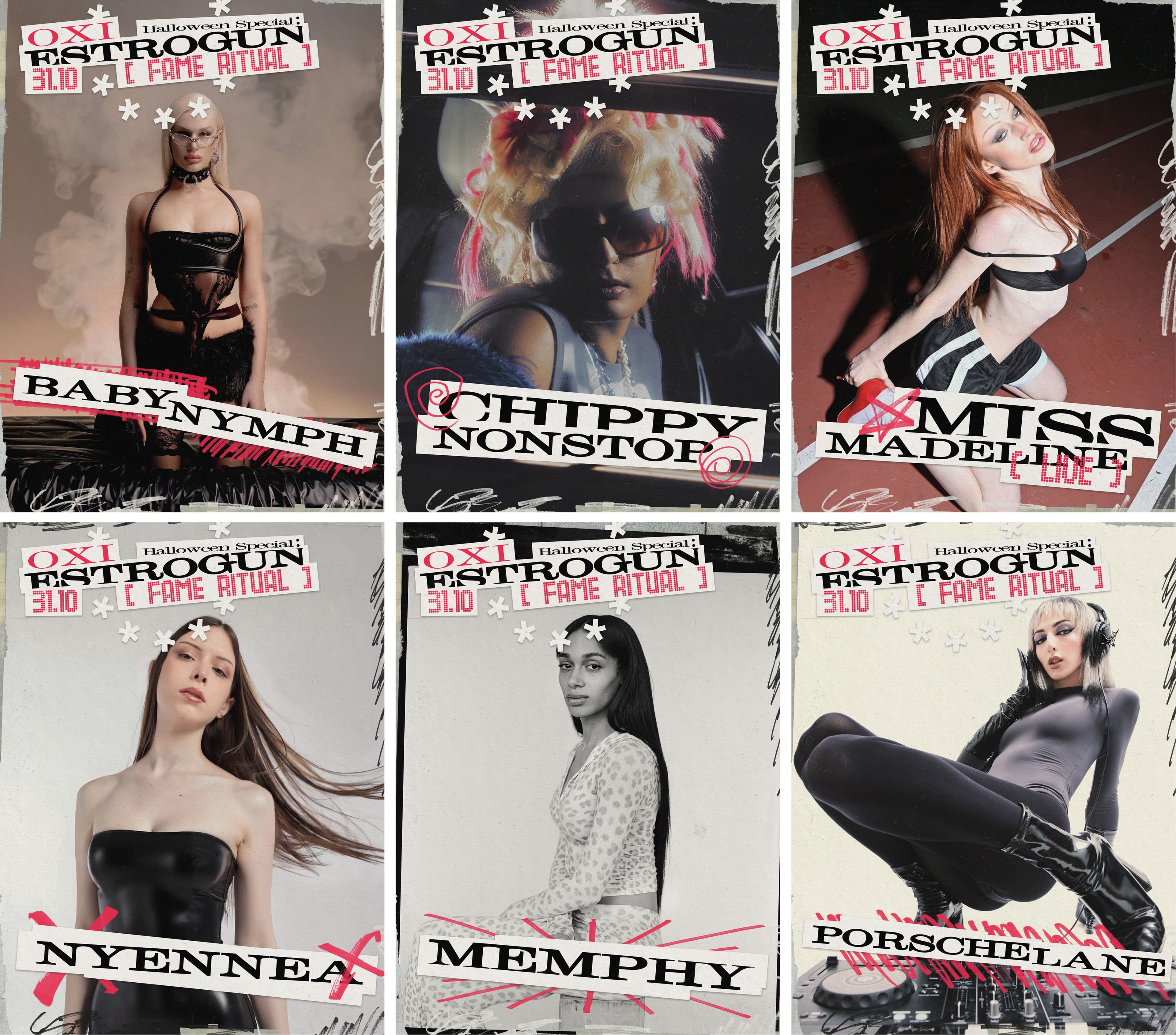Six performer portrait cards with red and black event headers and white name strips