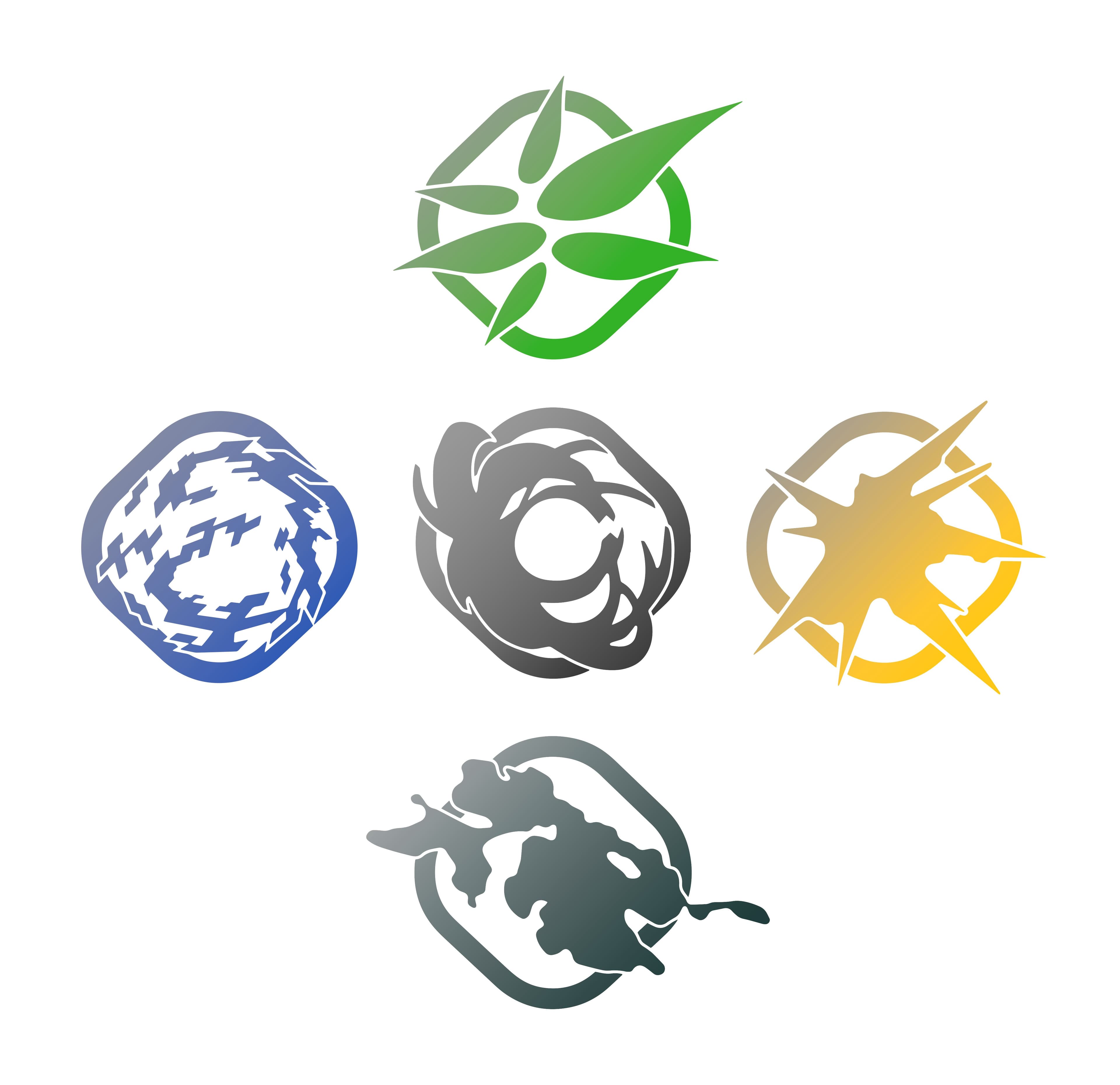 Five circular graphic icons in green, blue, grey and gold on white
