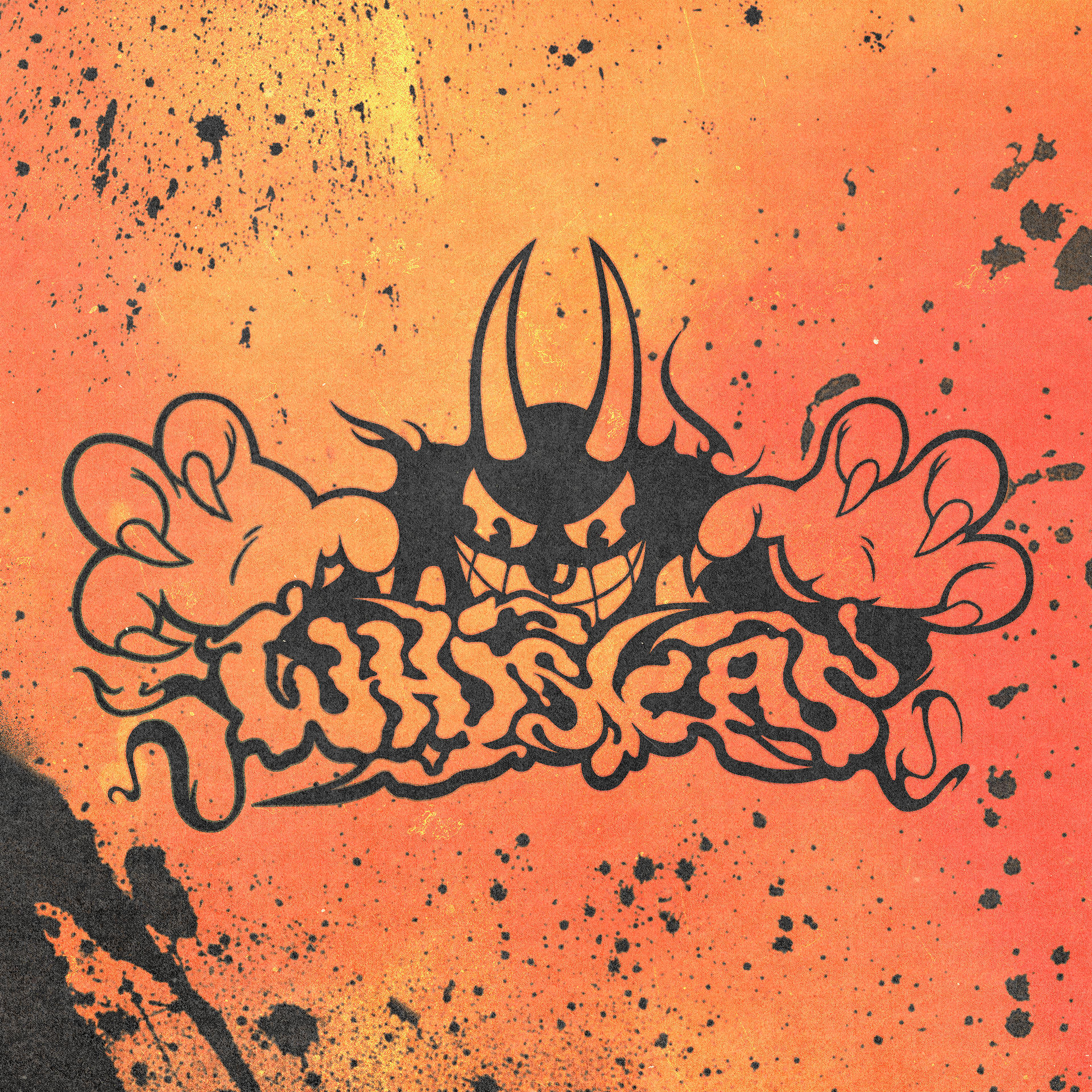 Black horned character and WHISKAS lettering on a distressed orange background