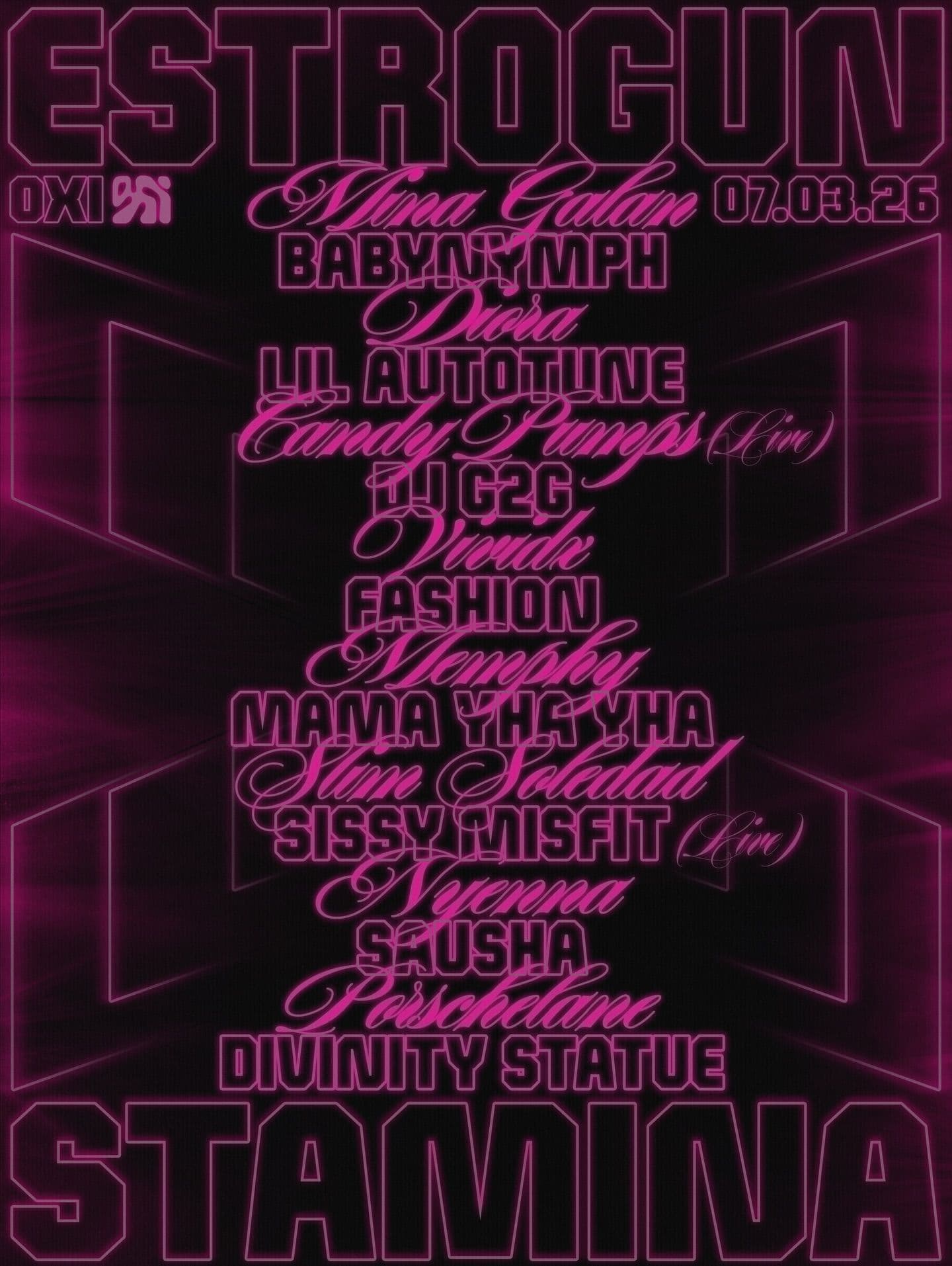 Pink performer names and outlined event lettering stacked over black