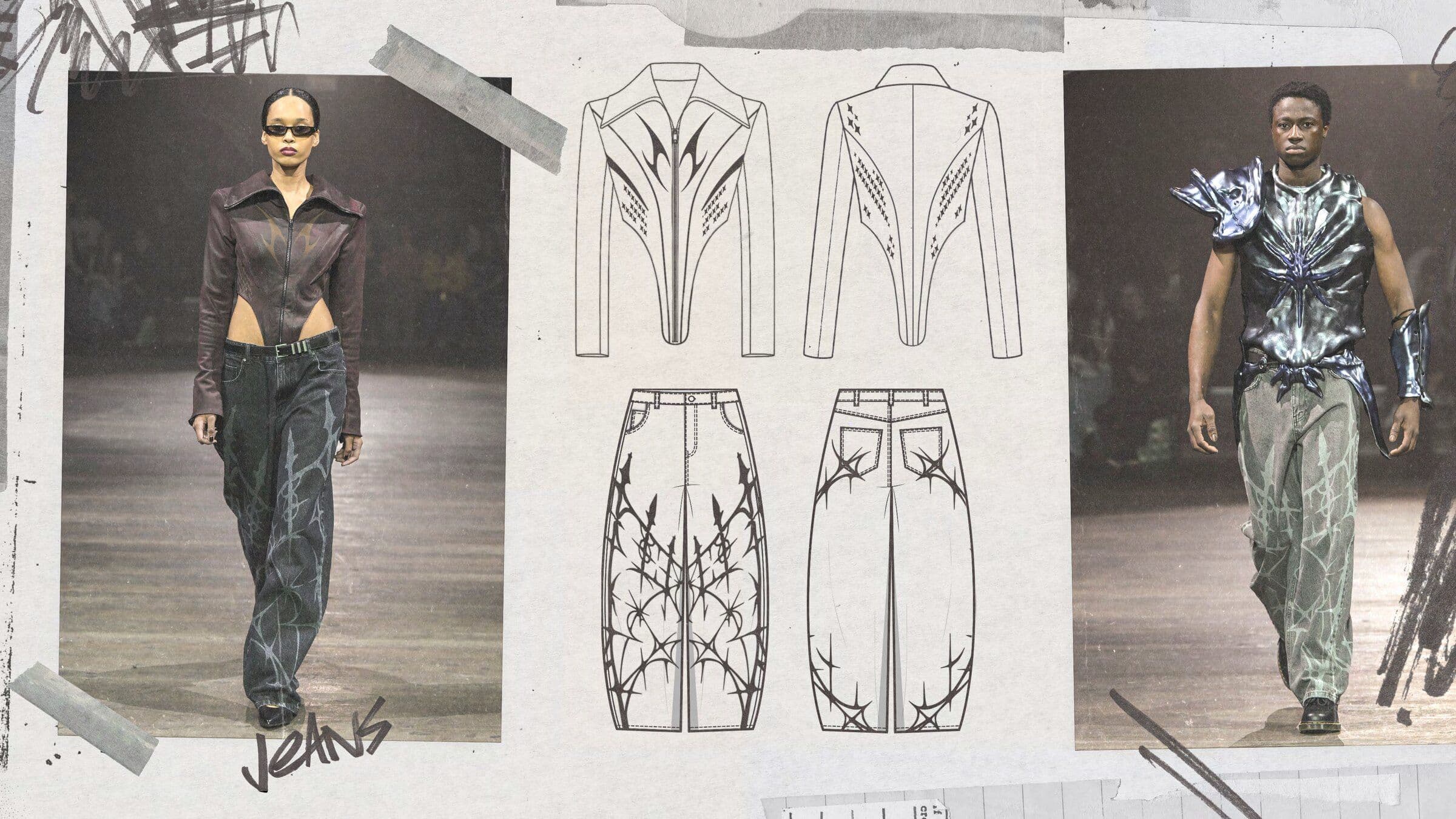 Two runway looks with cropped tops and graphic trousers beside technical garment drawings