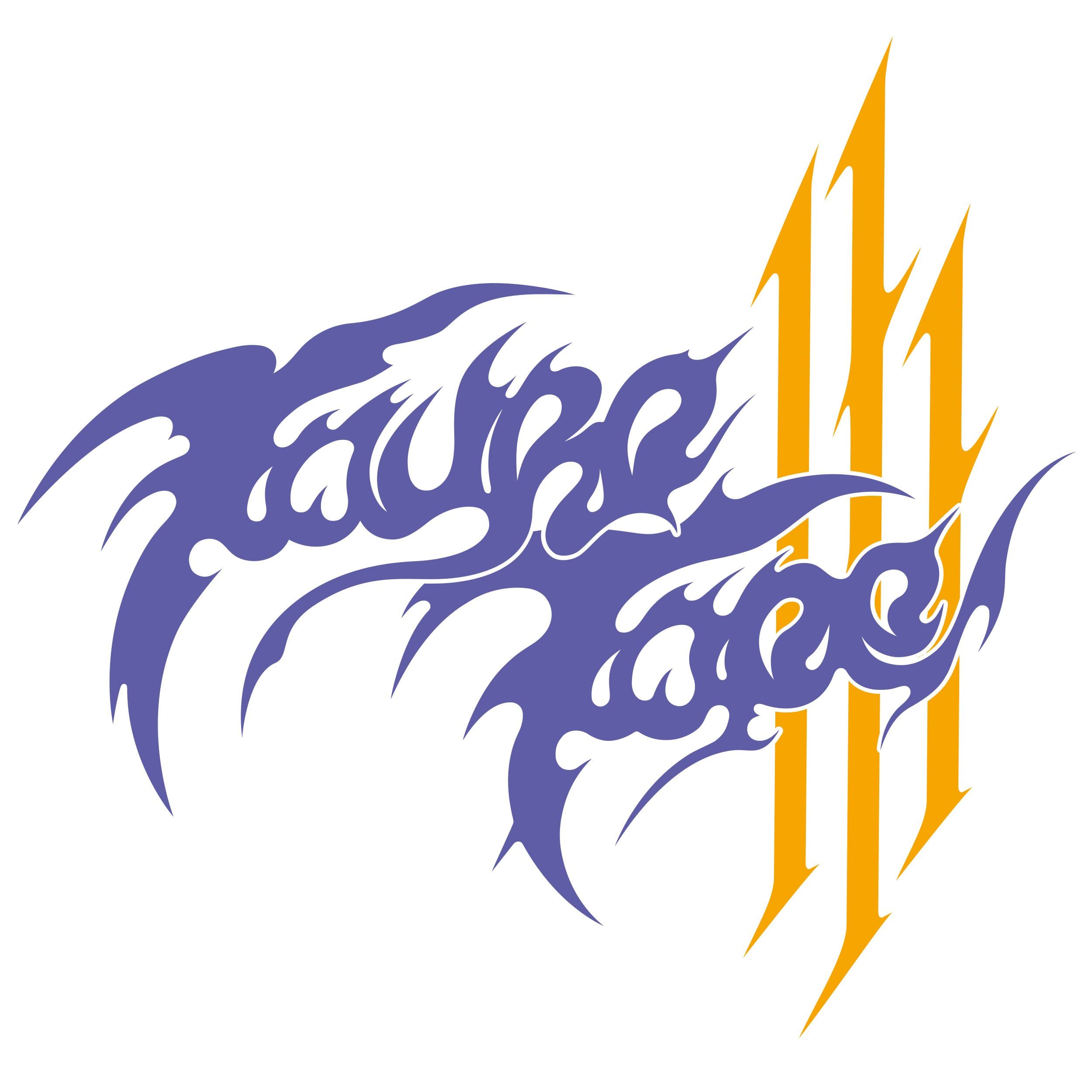 Purple flame shaped Tauro Tape lettering beside three gold vertical strokes on white