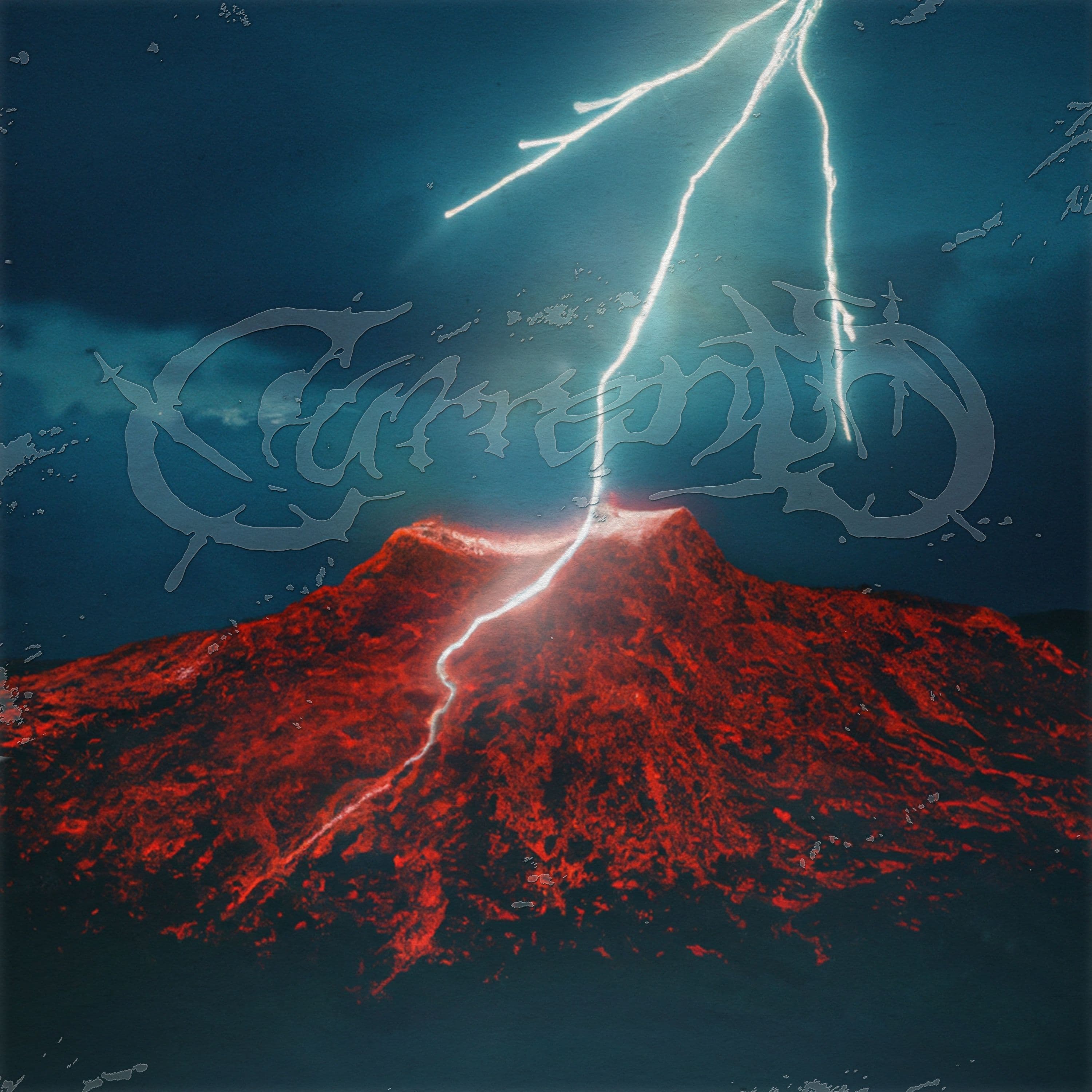 White lightning striking a red landscape beneath dark blue clouds and Currents lettering