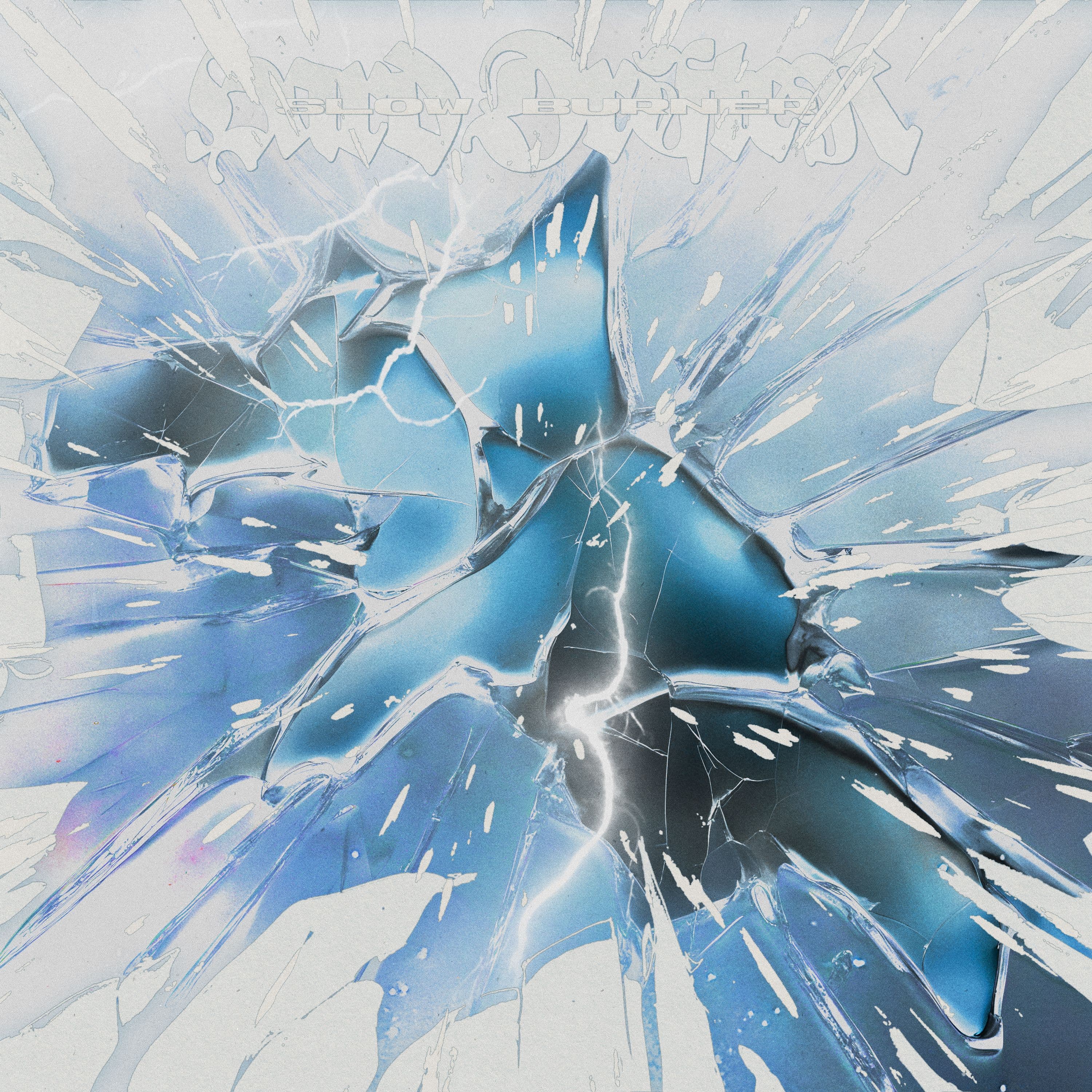 Pale blue and silver shards radiating from a dark centre with faint lettering above