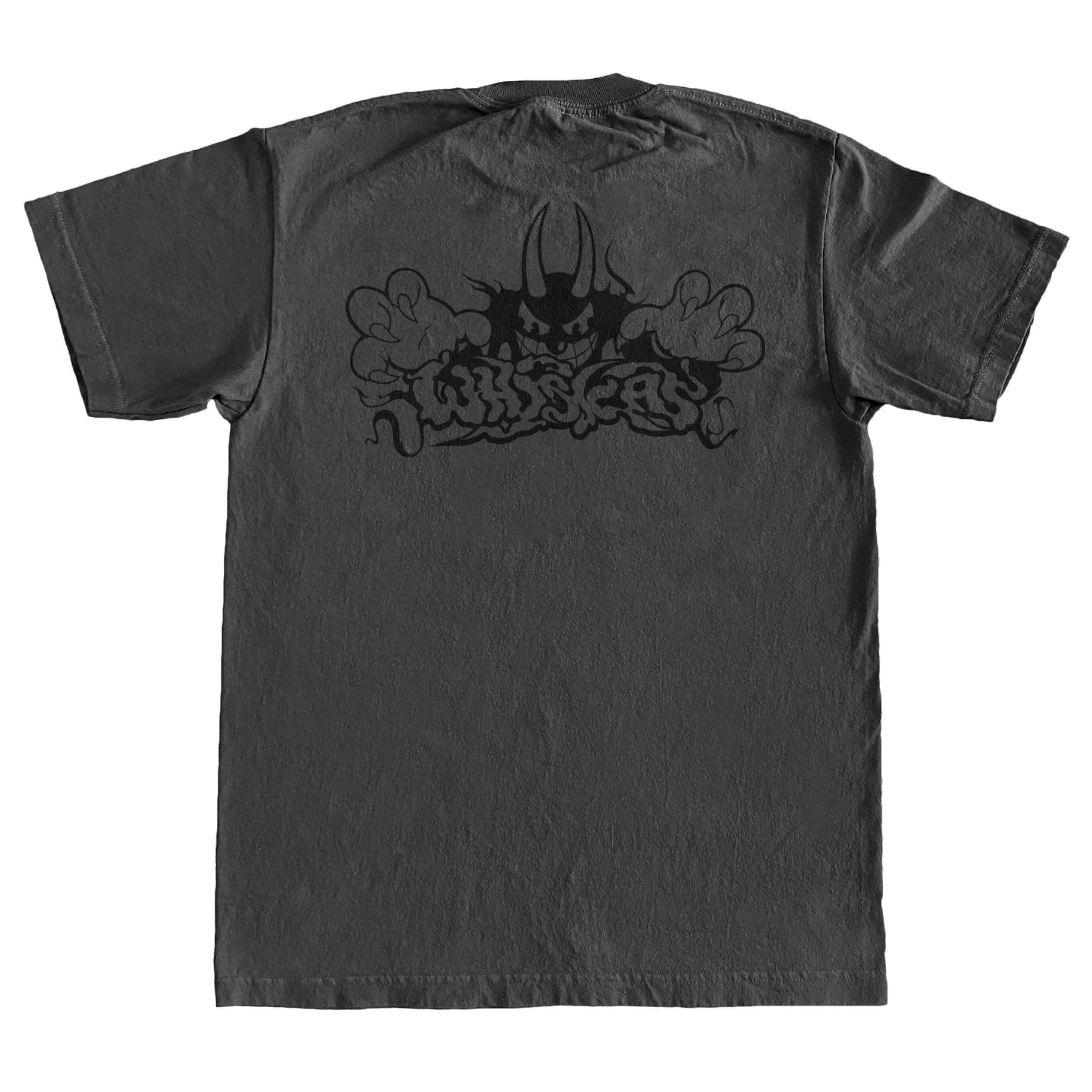 Back of a dark grey T shirt with a large black horned character print