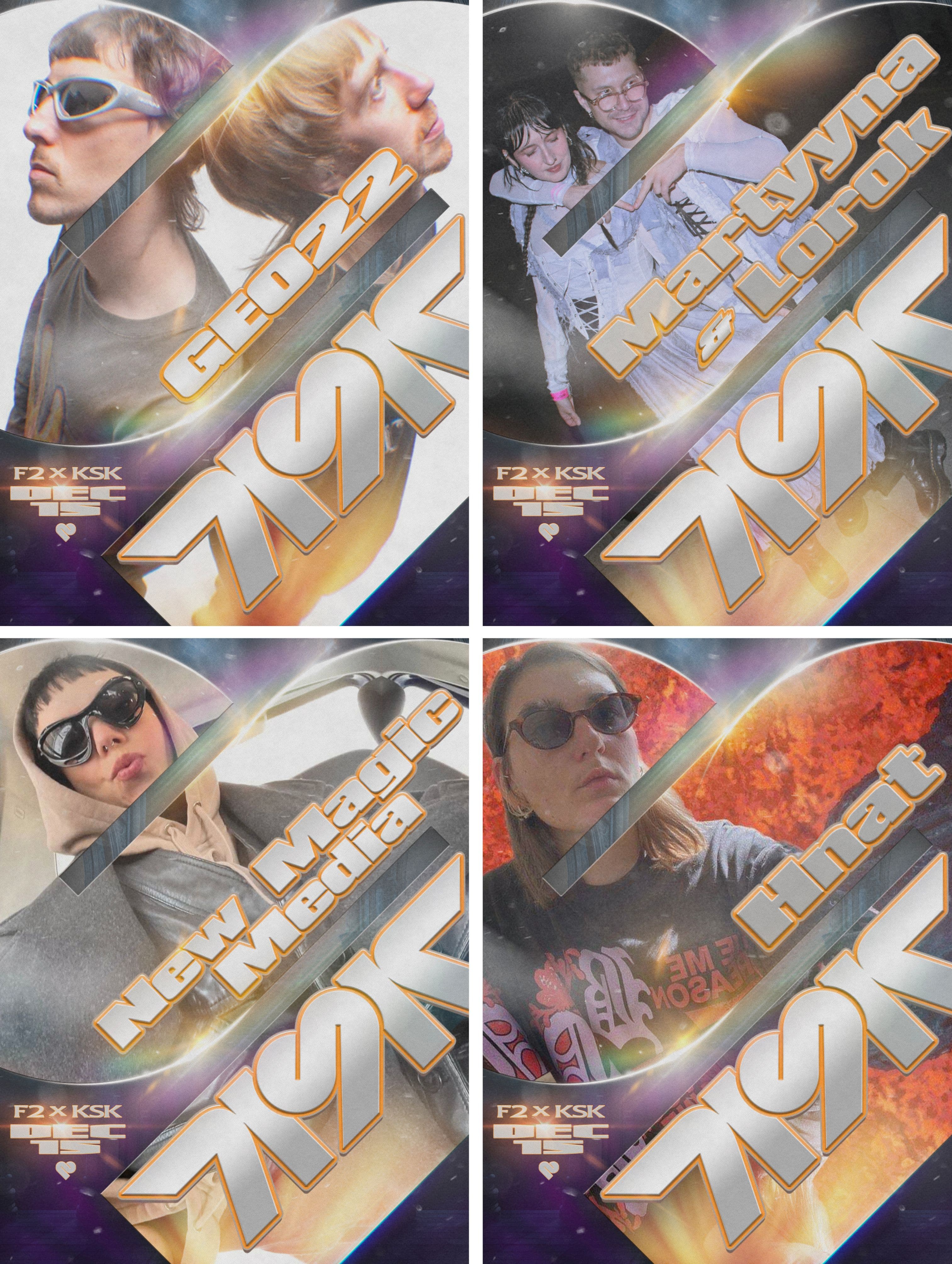 Four performer portraits with diagonal white and gold KSK lettering