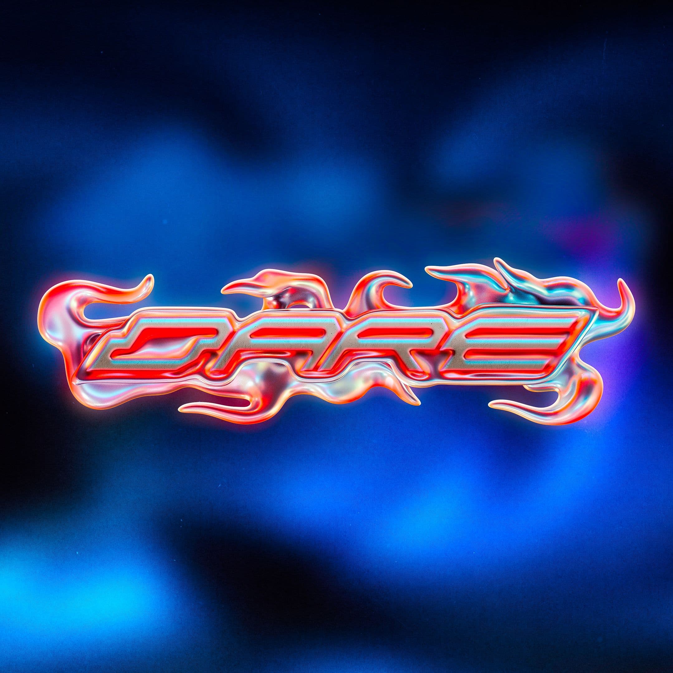 Chrome DARE lettering with orange highlights over a blurred blue background