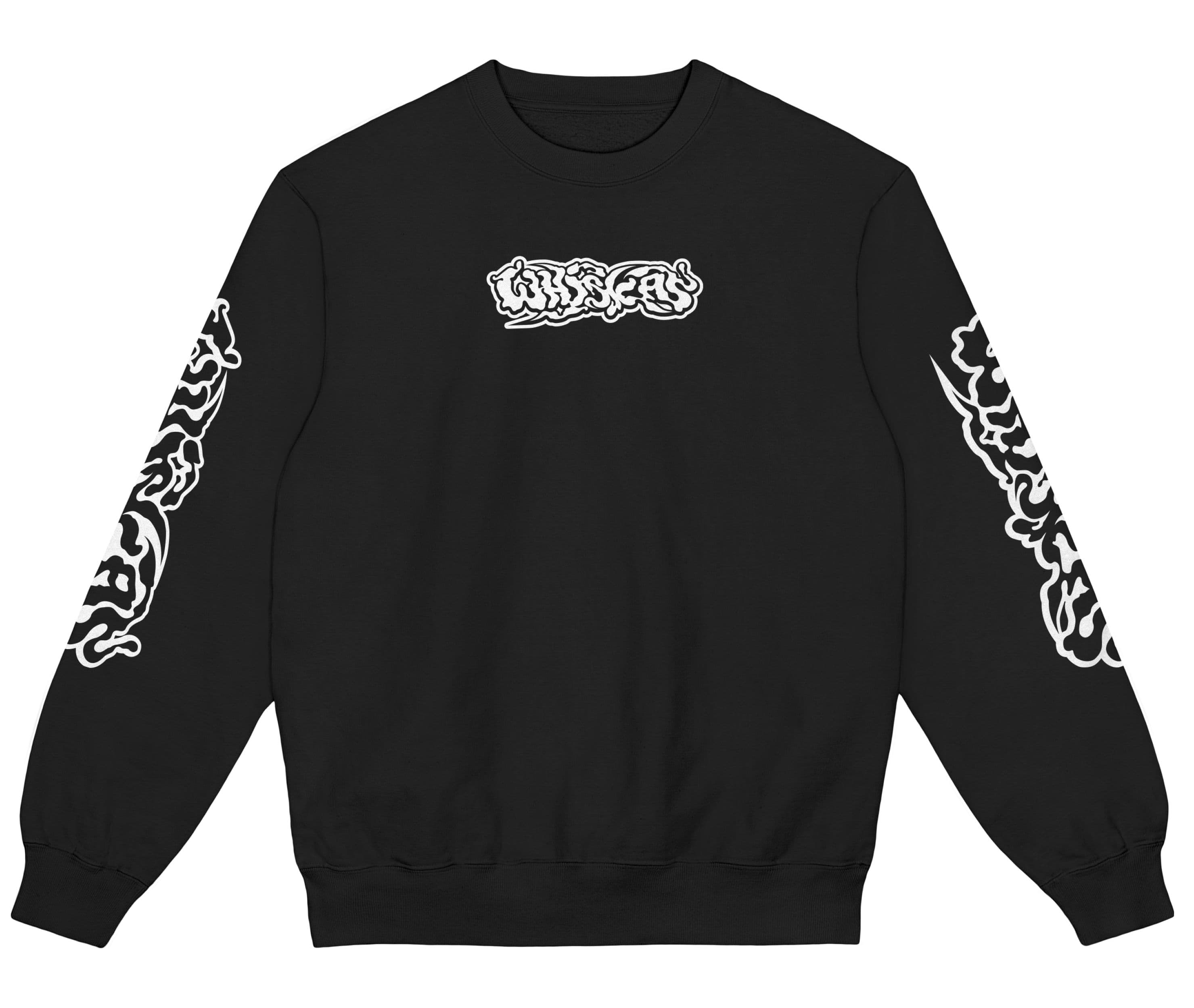 Front of a black sweatshirt with white WHISKAS chest and sleeve graphics