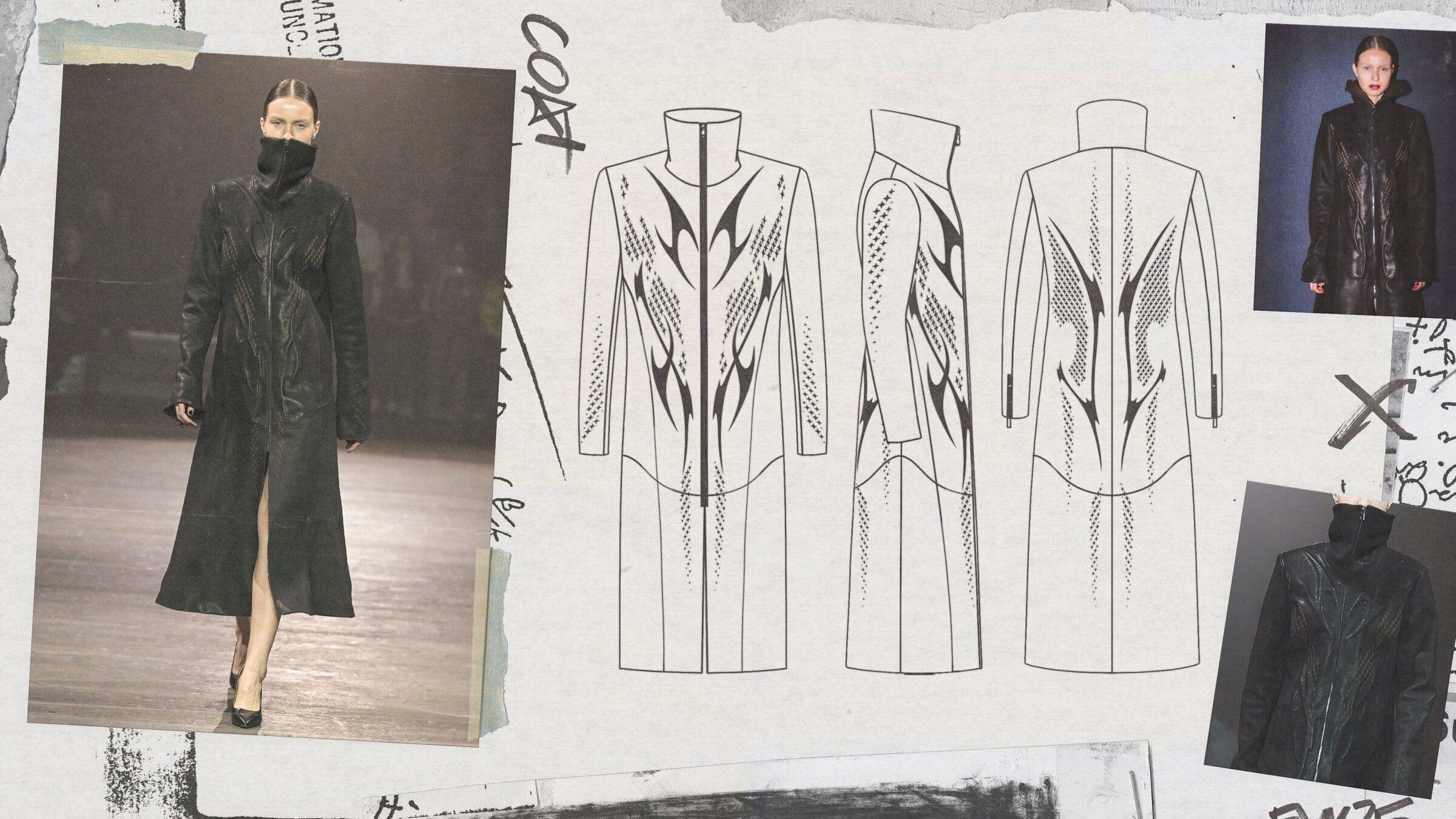 Long dark coat on the runway beside front and rear coat drawings