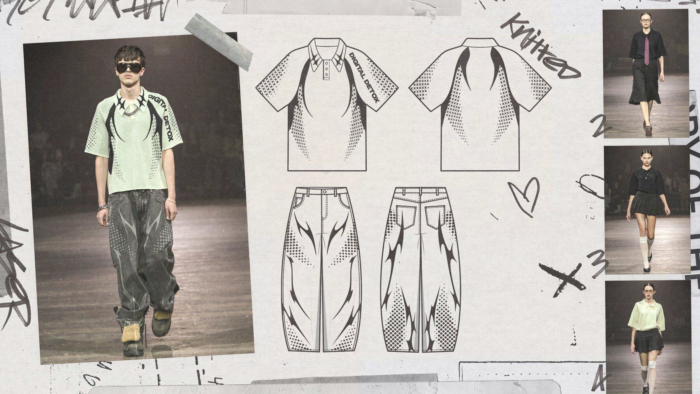 Pale polo and dark trousers on the runway beside garment drawings and smaller look photographs
