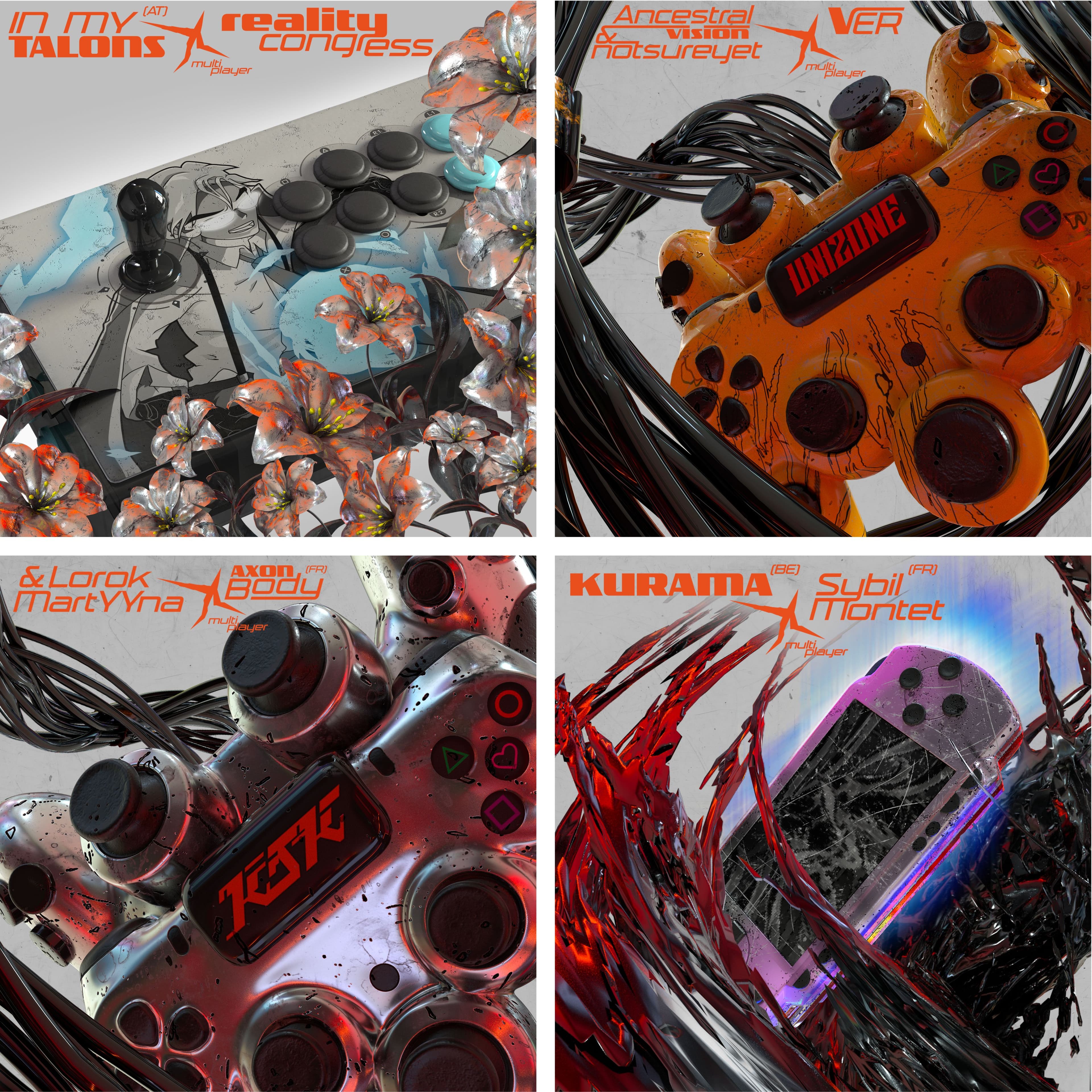Four artist cards showing illustrated game controllers and orange names