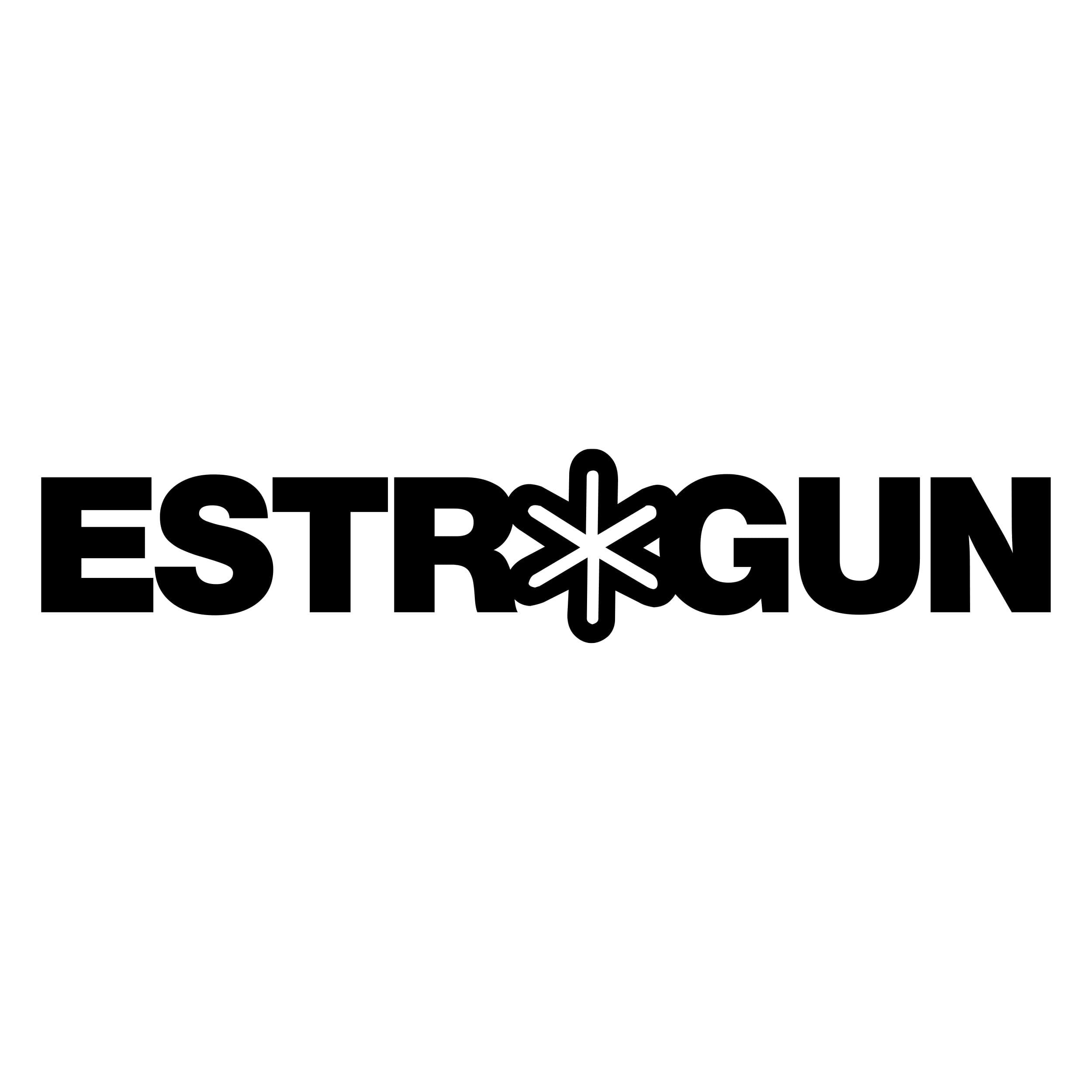 Black ESTROGUN wordmark with an asterisk replacing the O on white