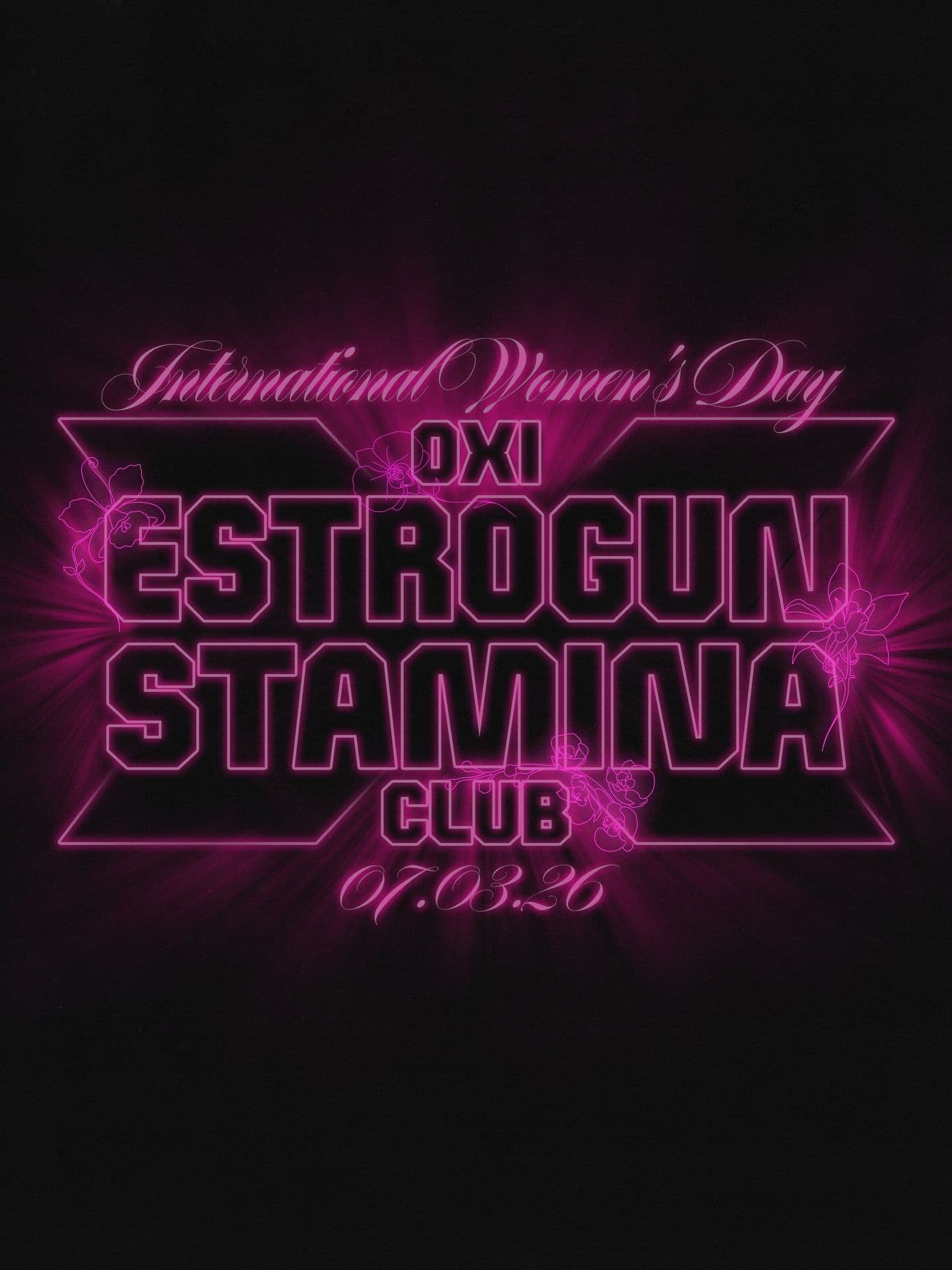 Pink outlined ESTROGUN and STAMINA CLUB lettering over black