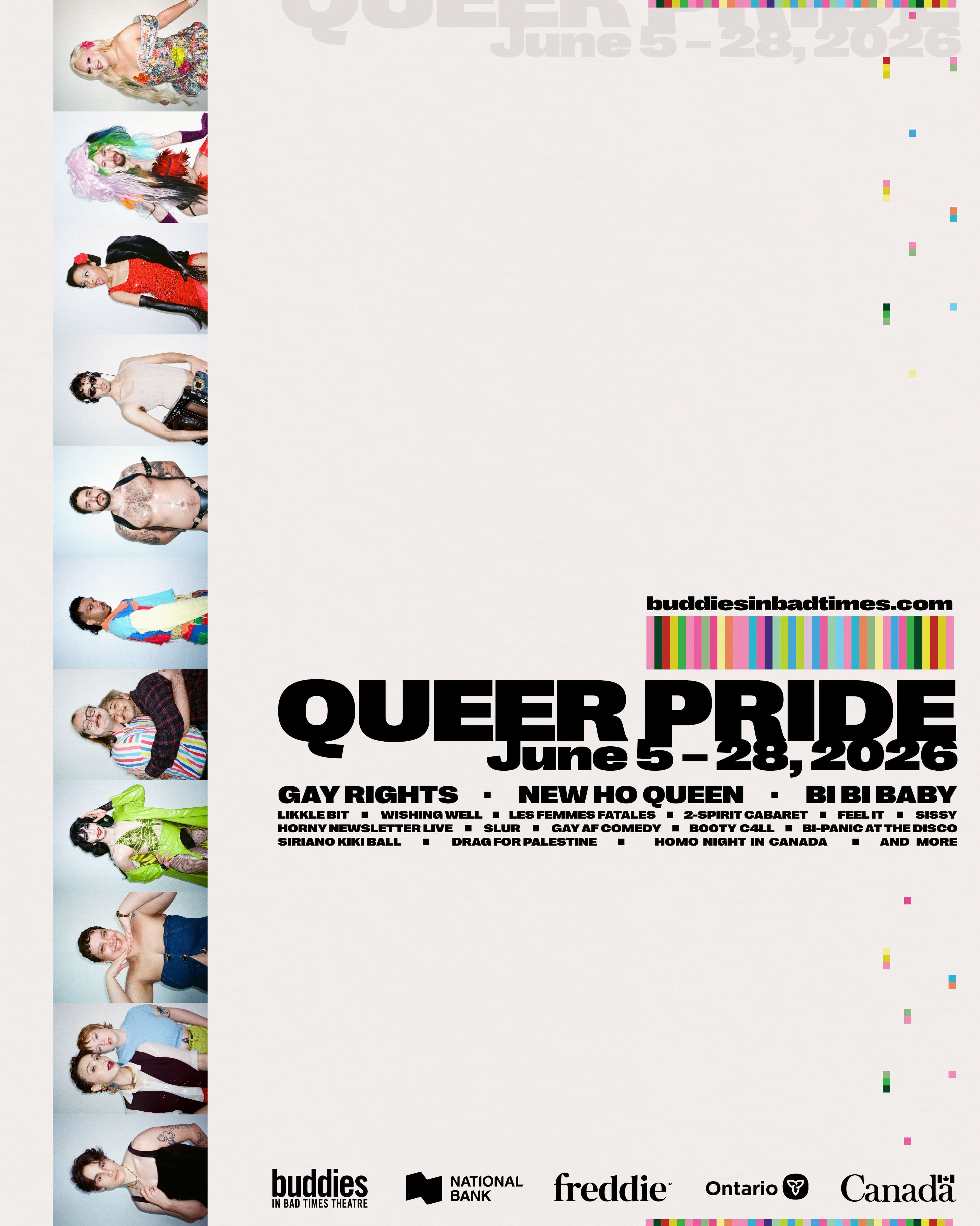Cream festival poster with portraits along the left edge, bold black lettering and rainbow accents