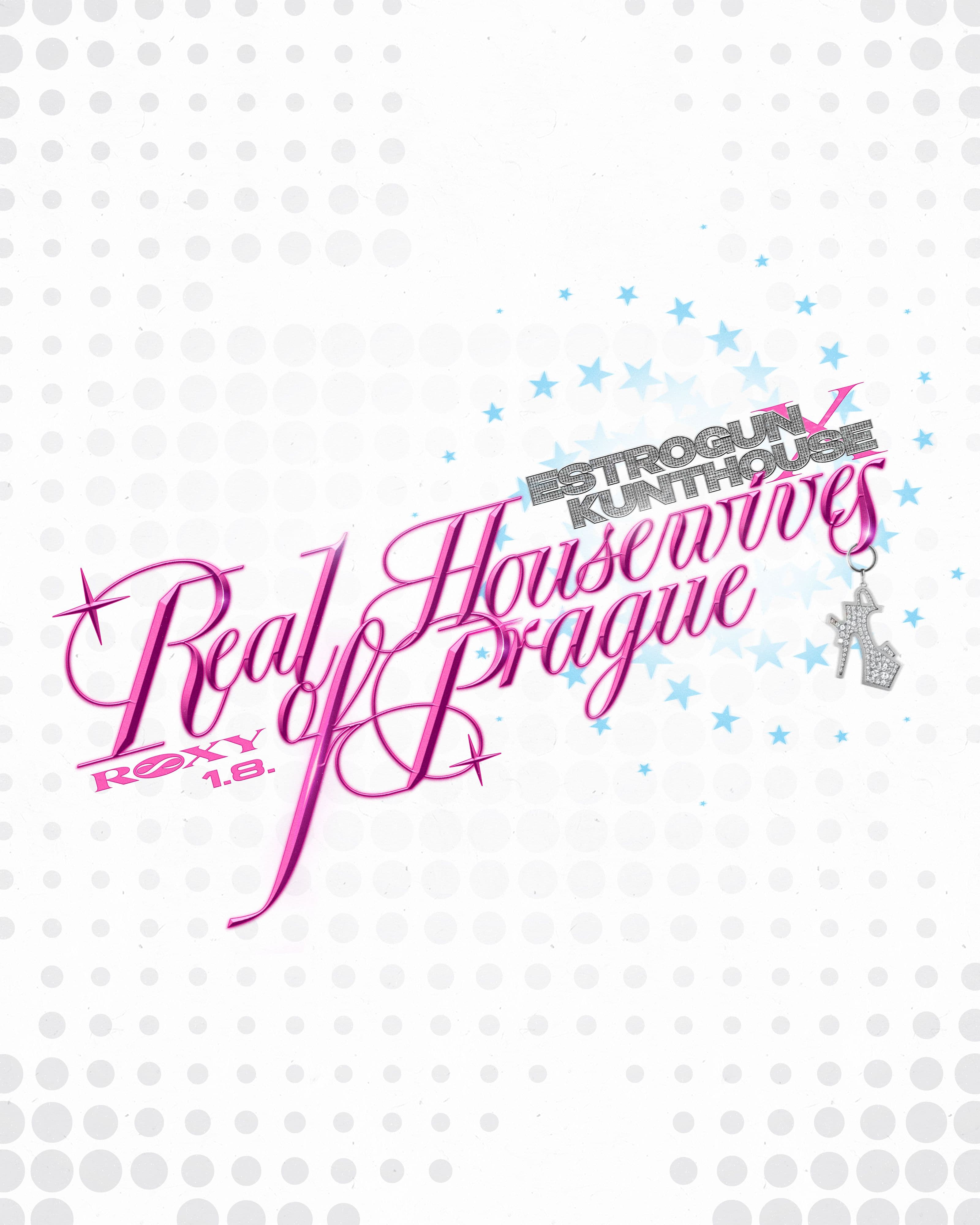 Pink Real Housewives of Prague script over a pale dotted background with blue stars