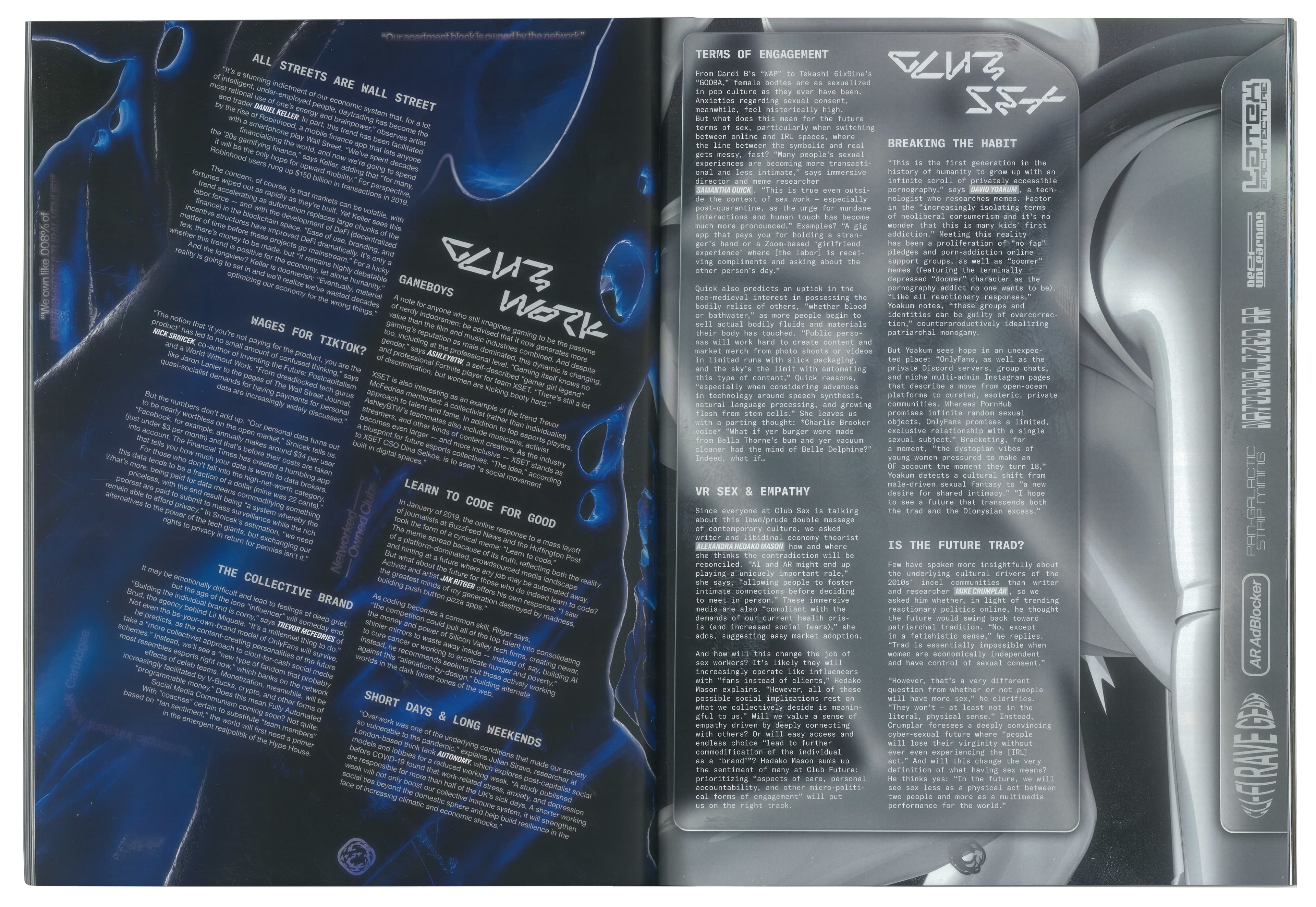 Club Sex and Club Work spread combining blue reflective forms, silver surfaces and small text