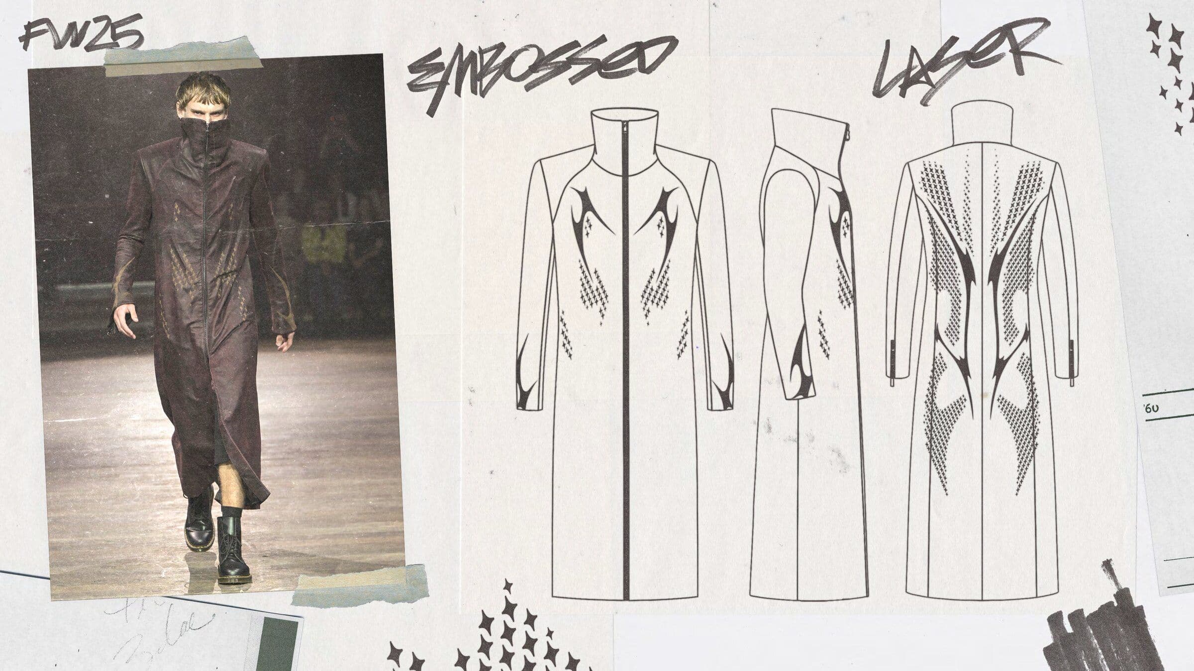 Dark cropped jacket on the runway beside jacket drawings labelled embossed and laser