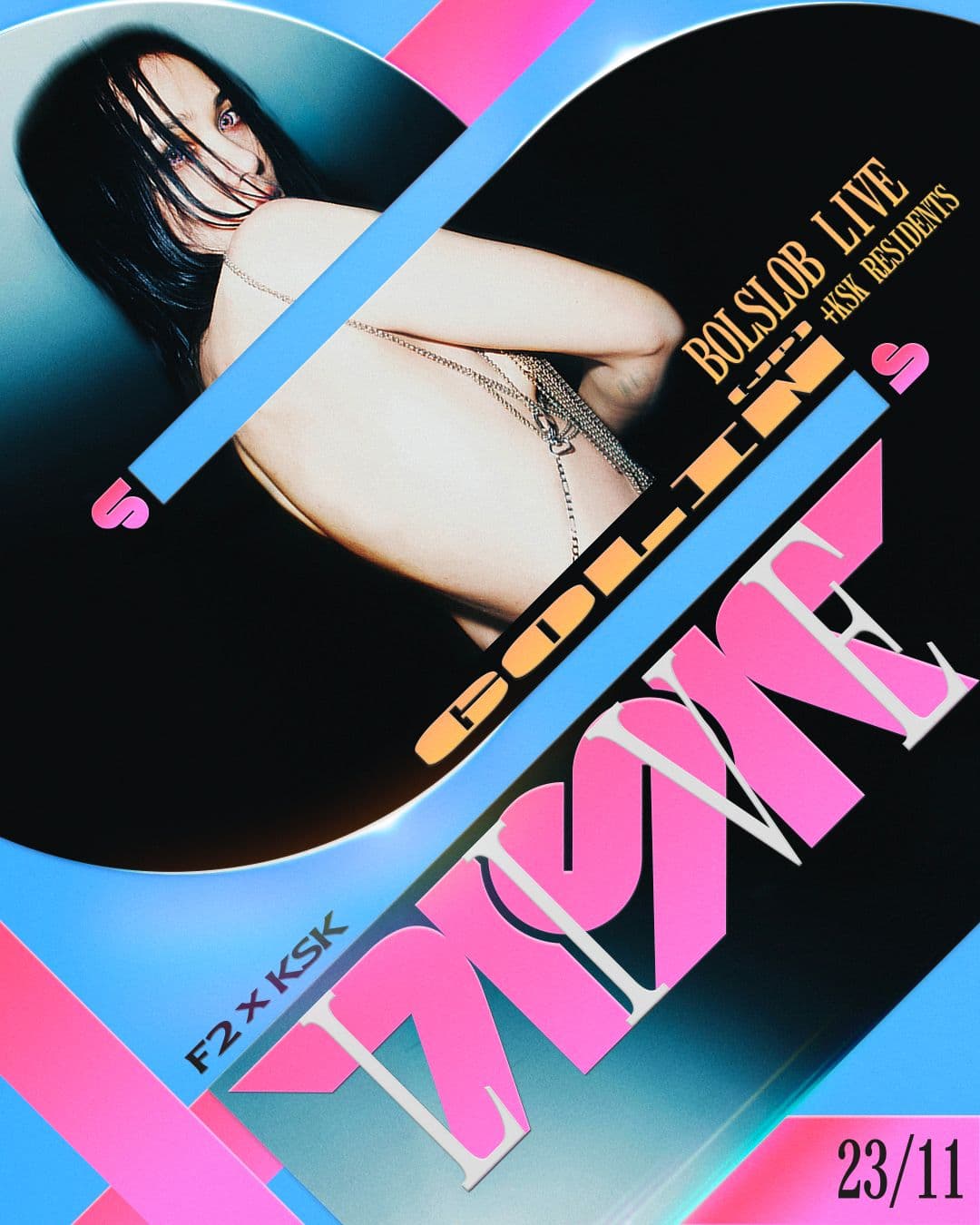 Tilted portrait framed by blue and pink bands with KSK LIVE lettering