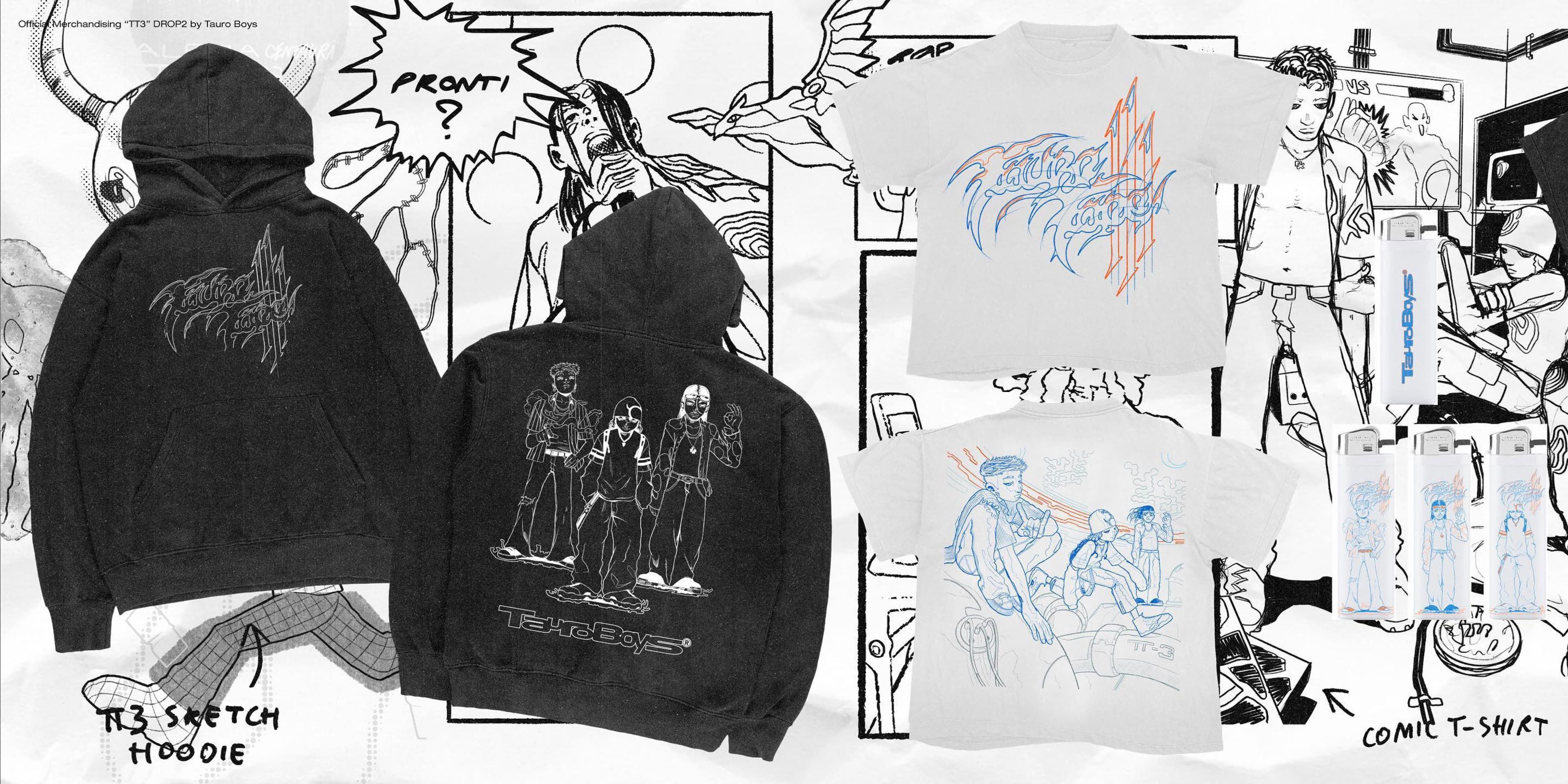 Black hoodies and white T shirts arranged over comic panels and character sketches