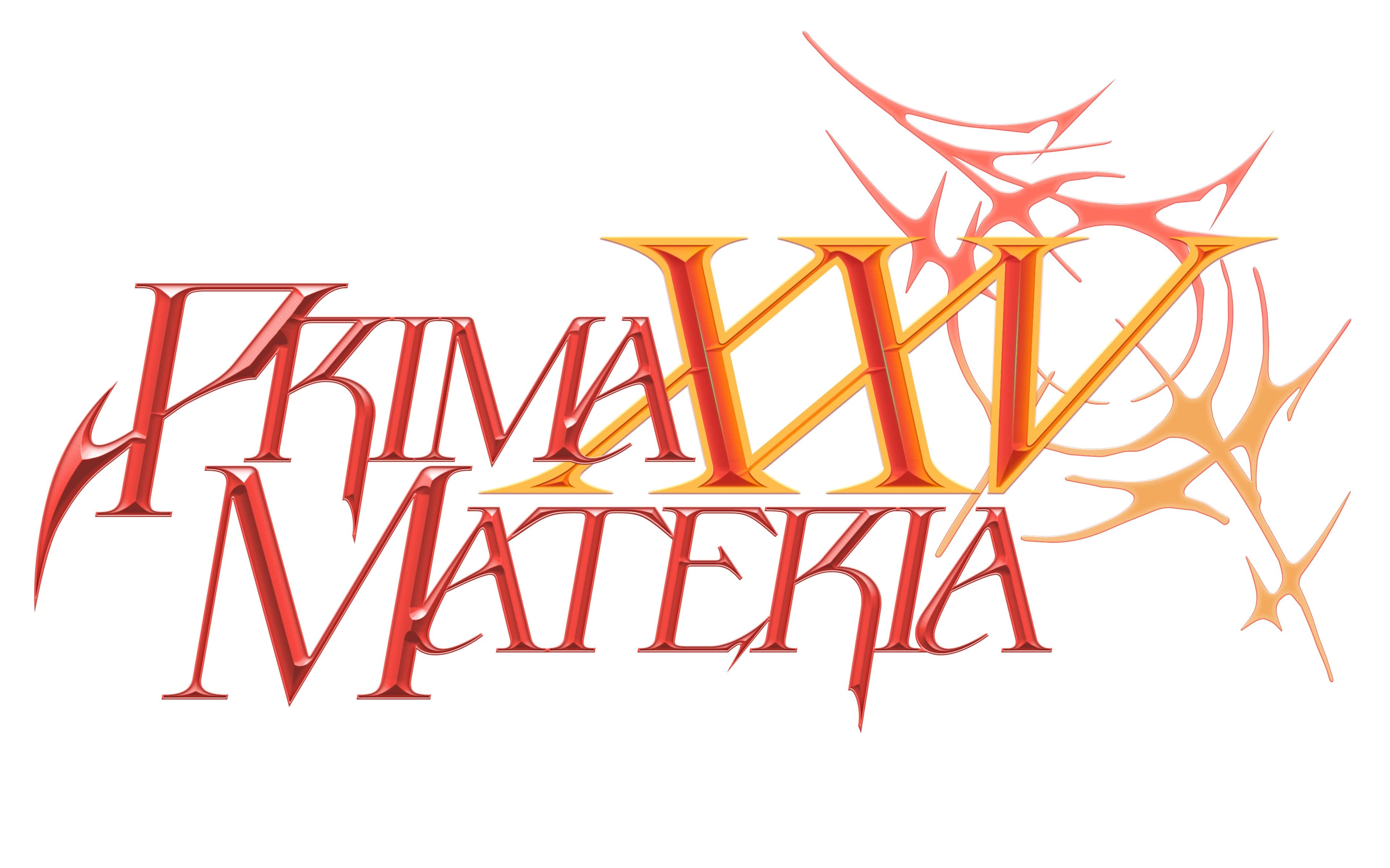 Sharp red and gold Prima Materia XXV lettering with spiked circular motifs on white
