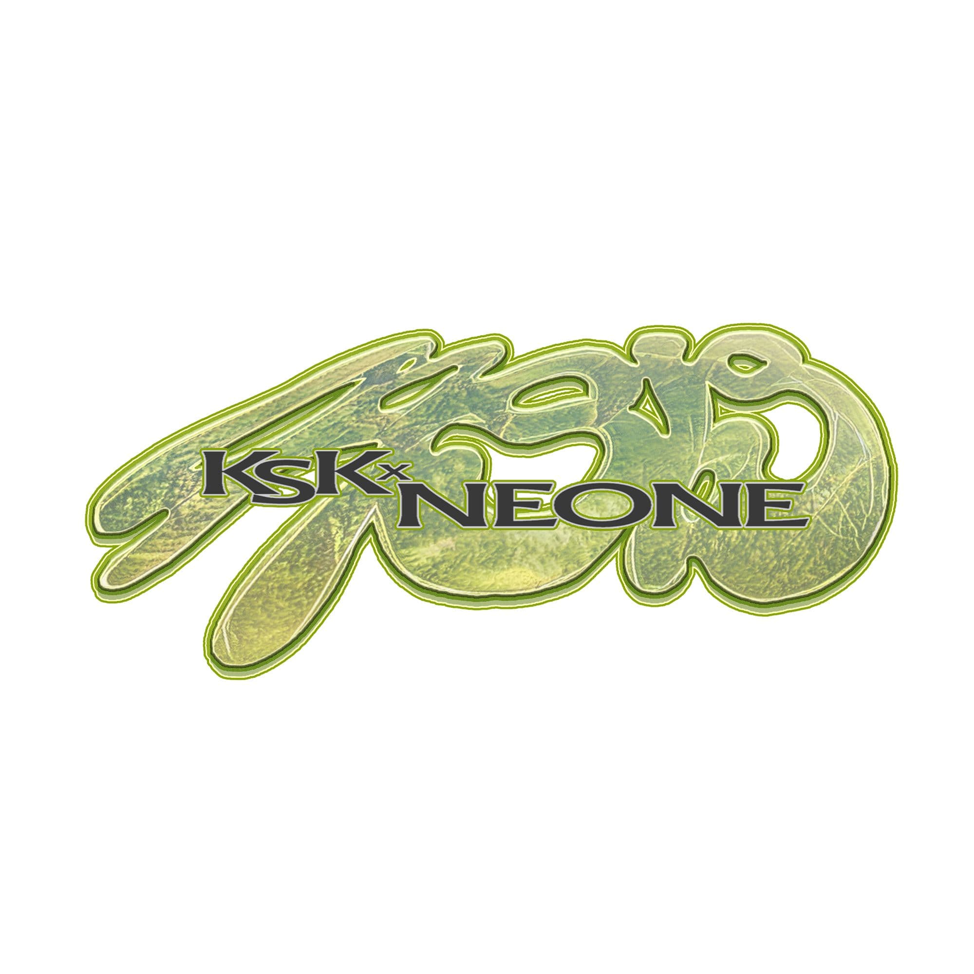 Green metallic KSK x NEONE lettering on white