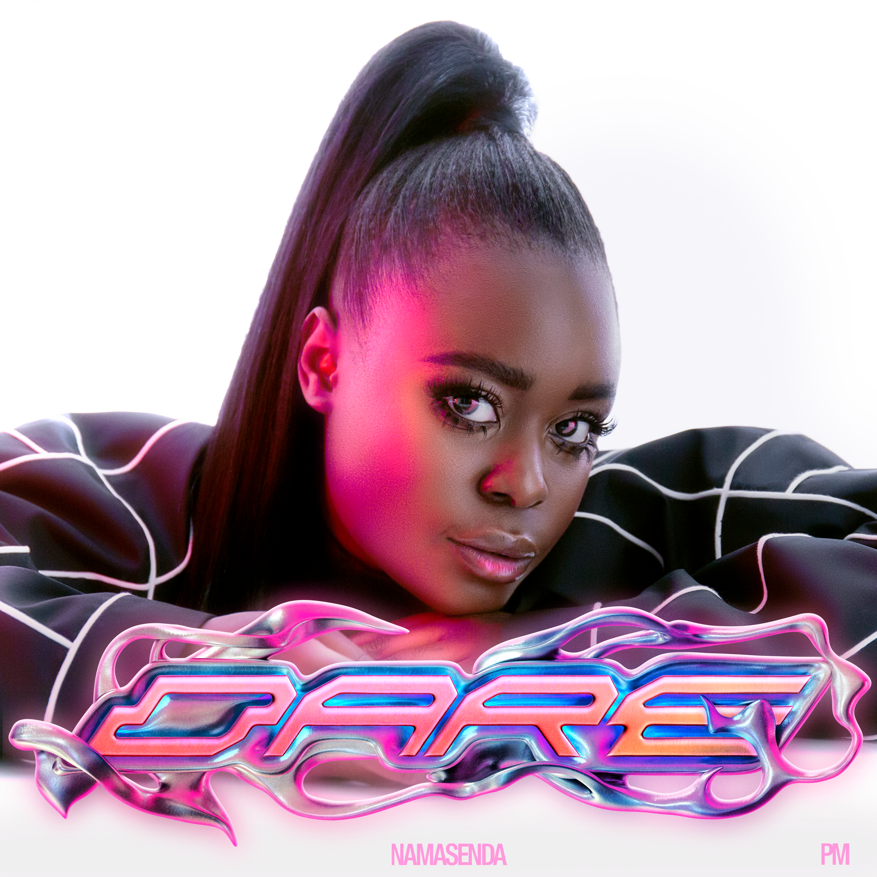 Portrait of Namasenda with pink lighting and chrome DARE lettering across the bottom