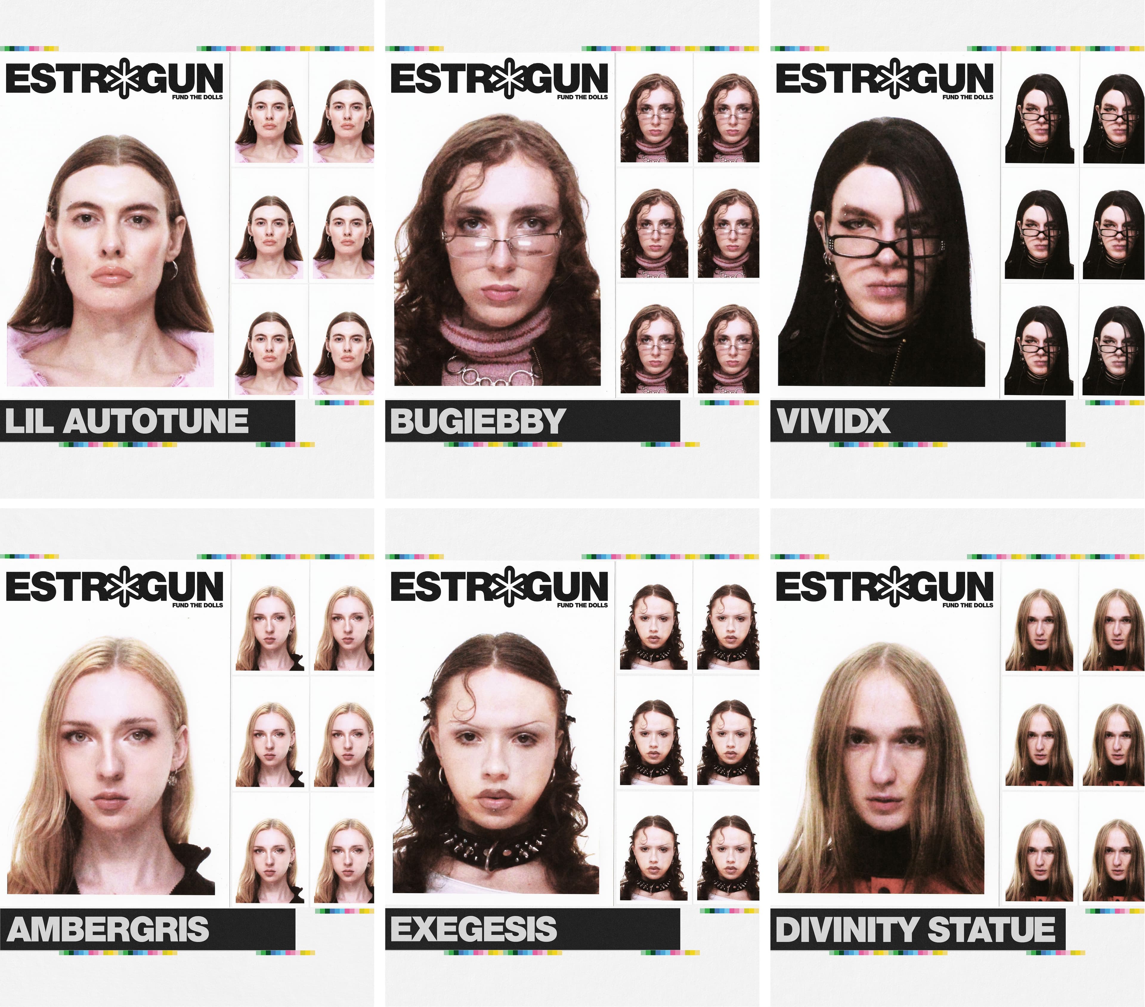 Six artist cards combining repeated headshots, black name bars and colour bar accents