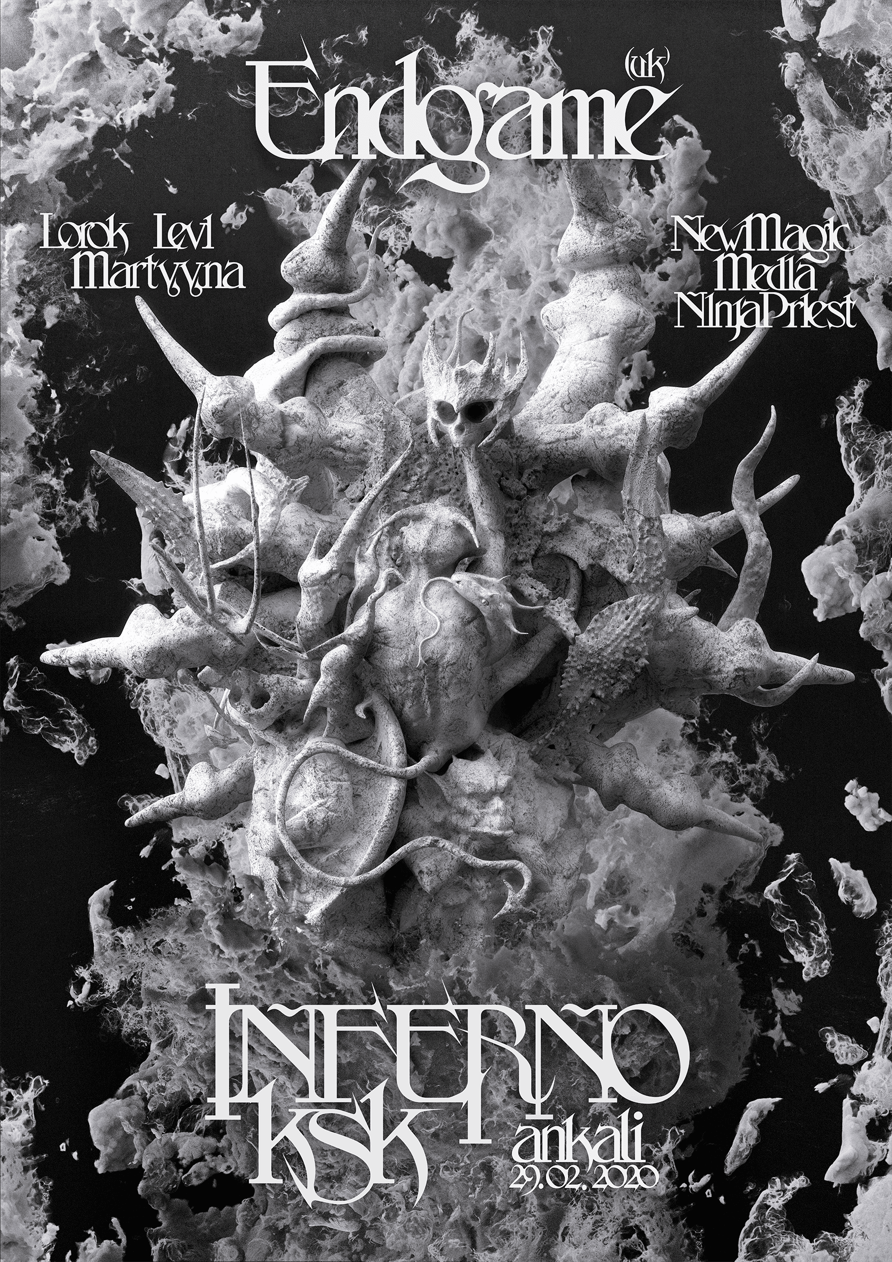 White Inferno lettering and performer names around a grey sculptural form on black
