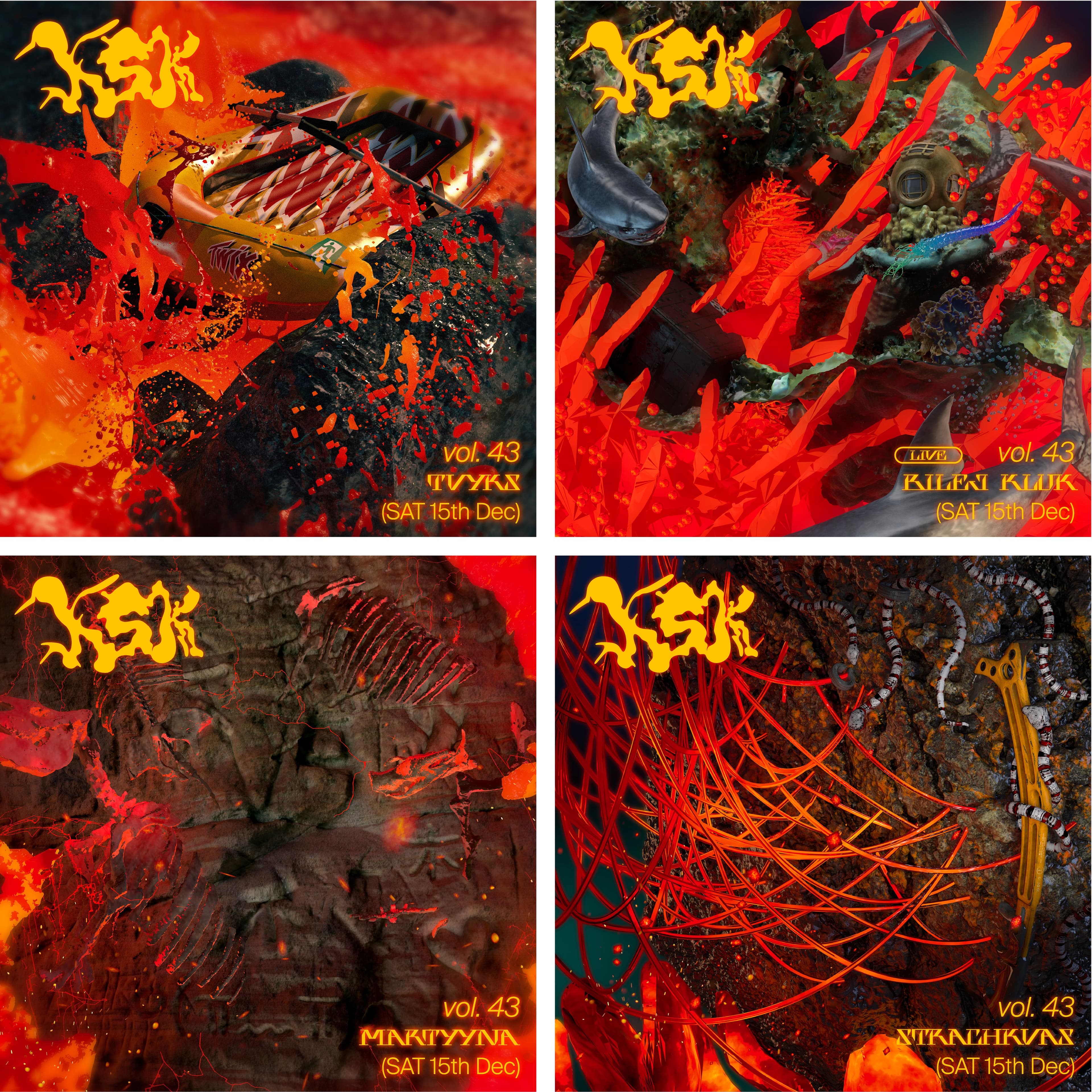 Four red and orange artist graphics combining abstract forms, branches and event lettering
