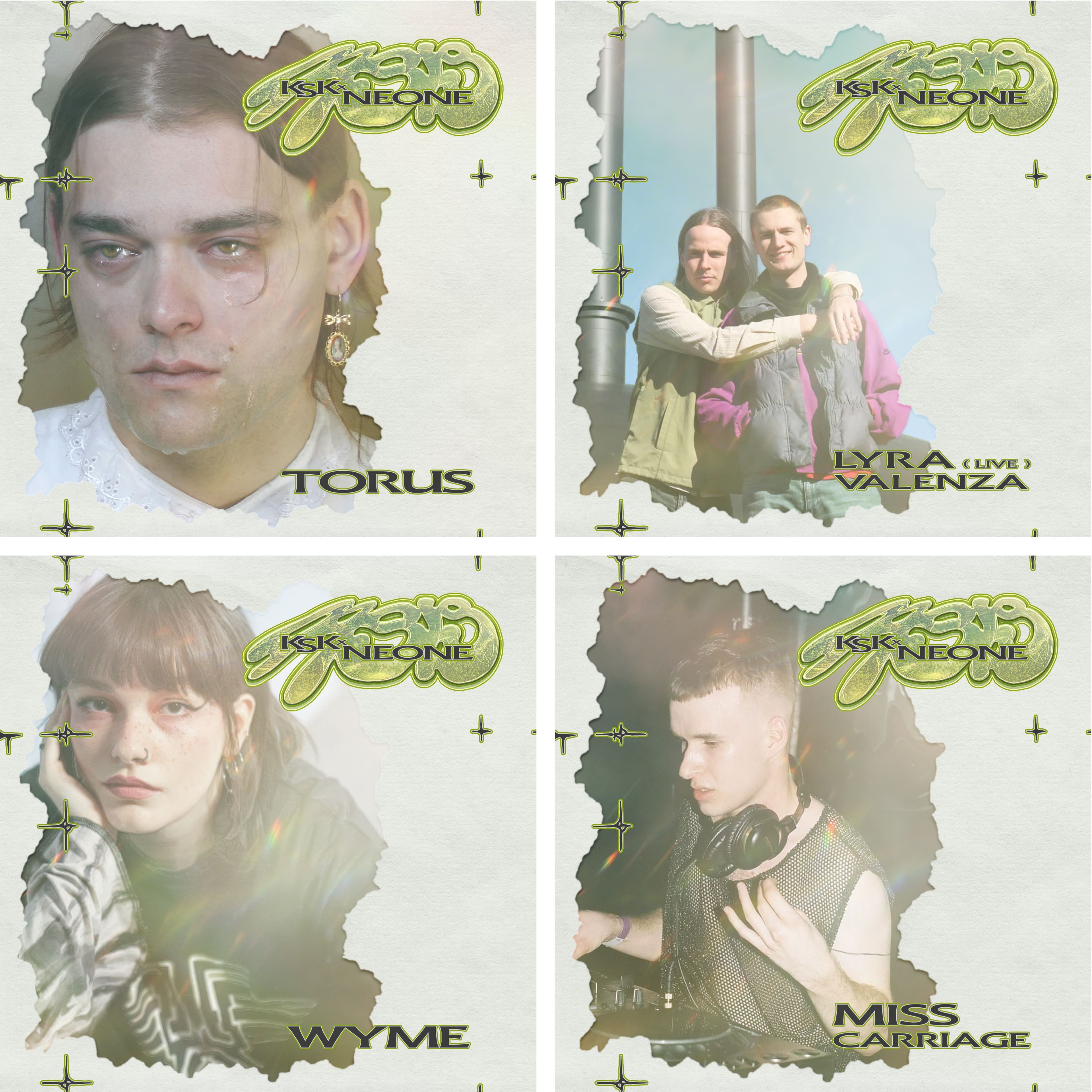 Four artist portrait cards with green event lettering and irregular pale borders