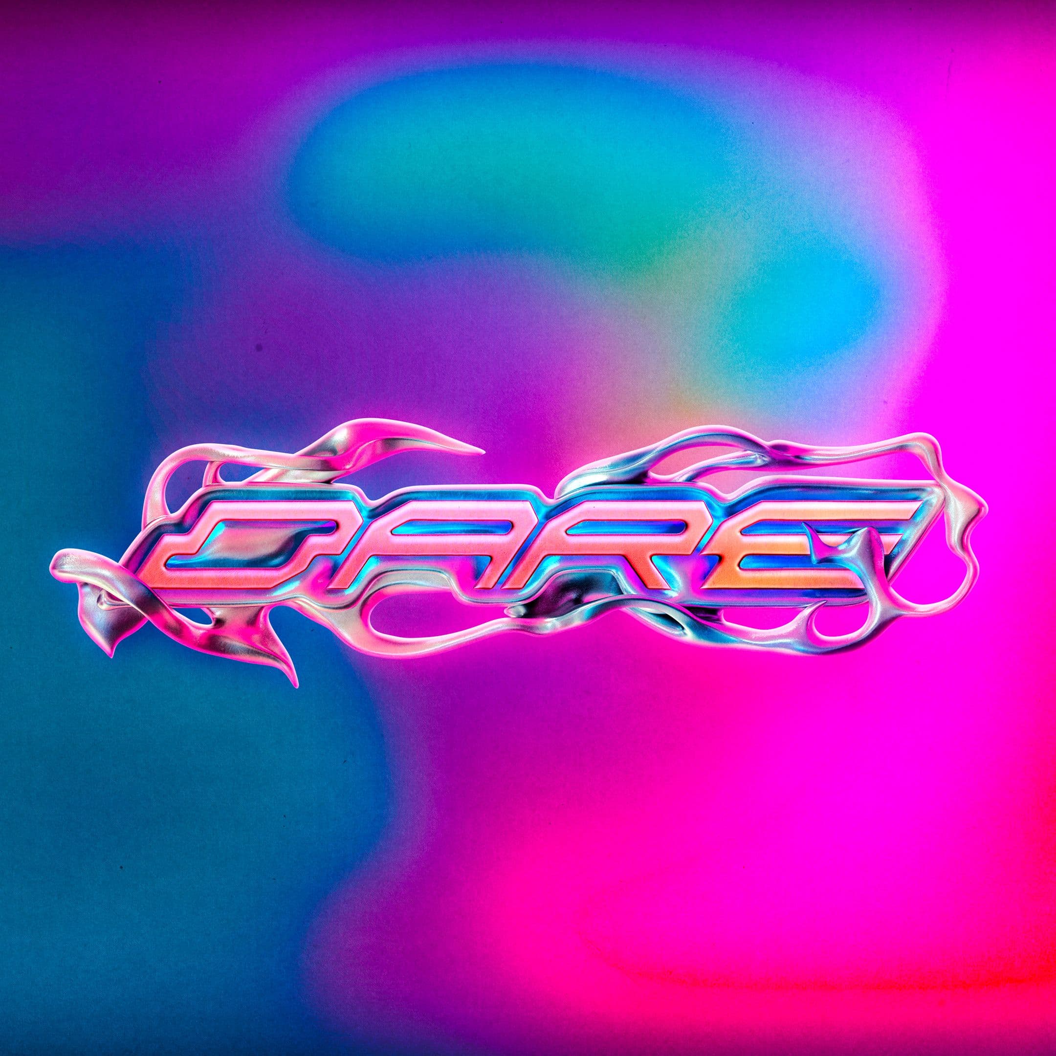 Chrome DARE lettering with pink highlights over a blurred blue and magenta background