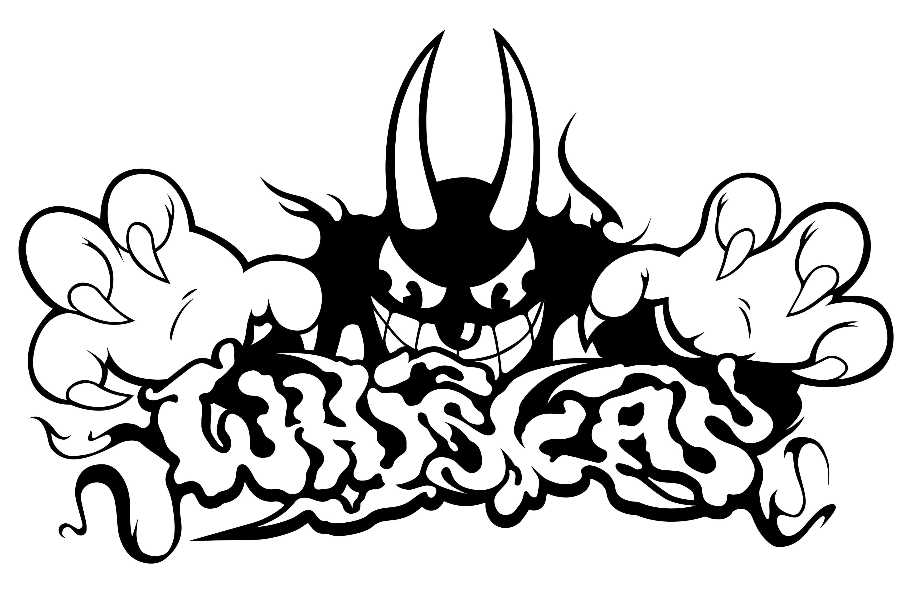 Black cartoon creature with long horns, outstretched hands and WHISKAS lettering on white