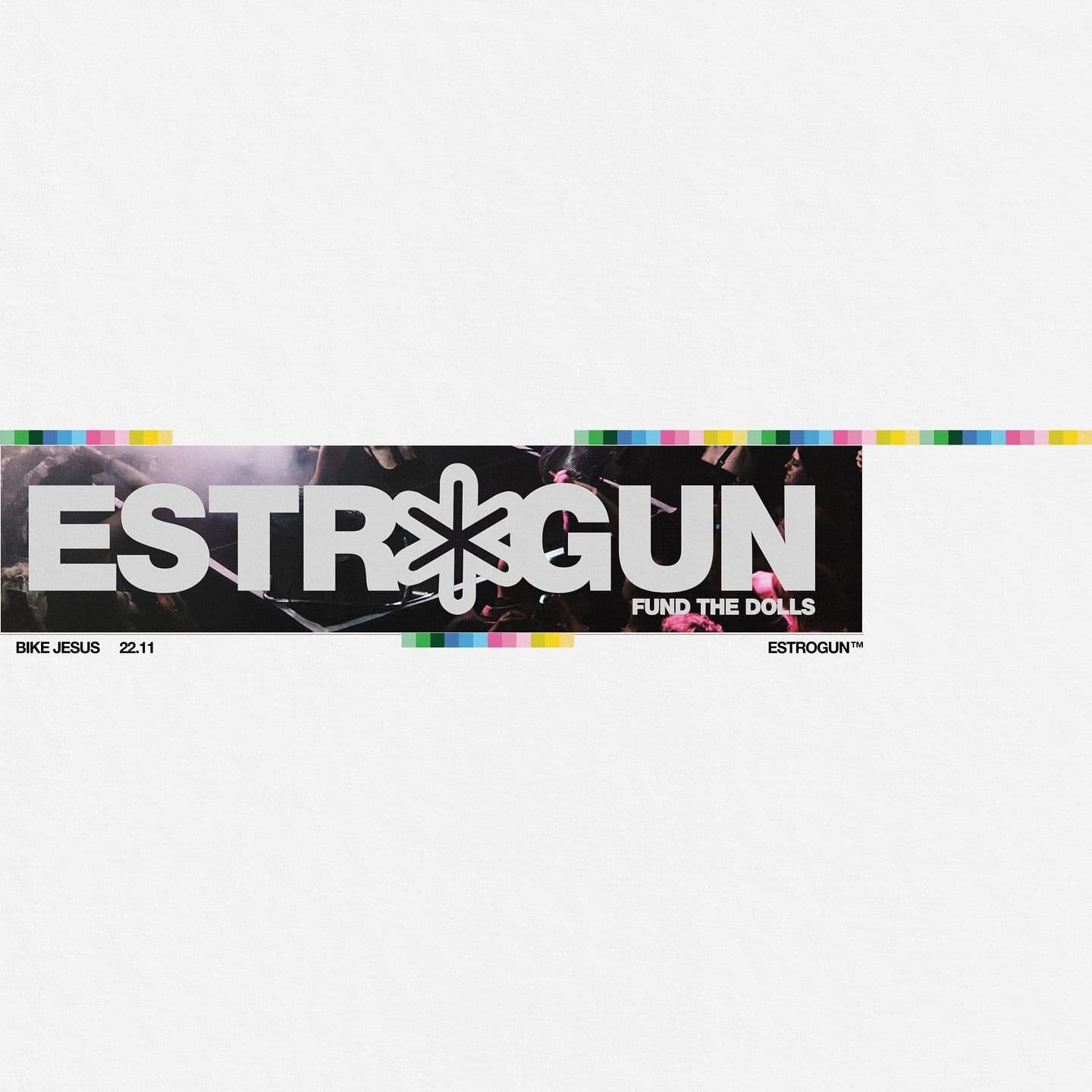 White ESTROGUN wordmark on a black strip with colour bar accents