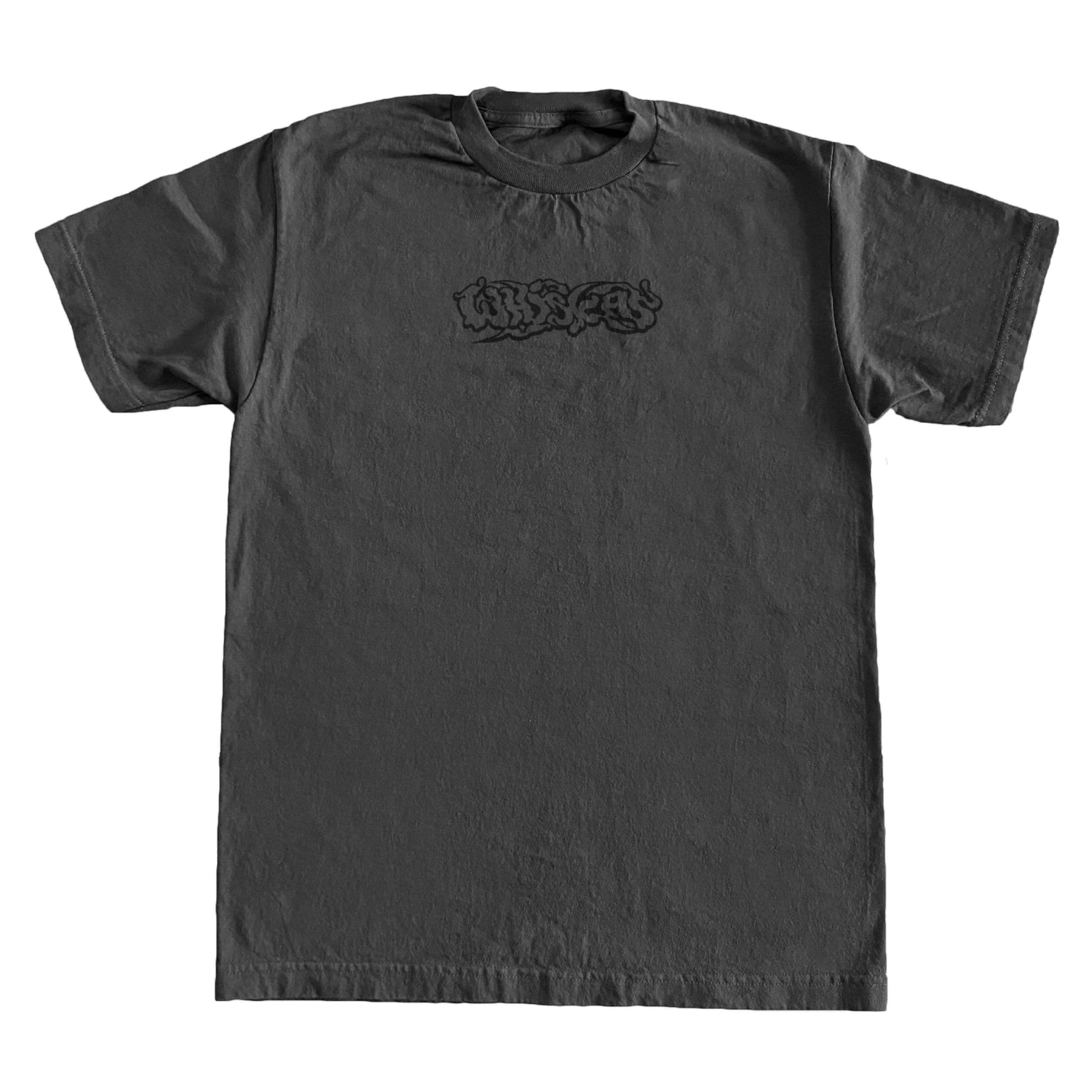 Front of a dark grey T shirt with a small black WHISKAS chest print