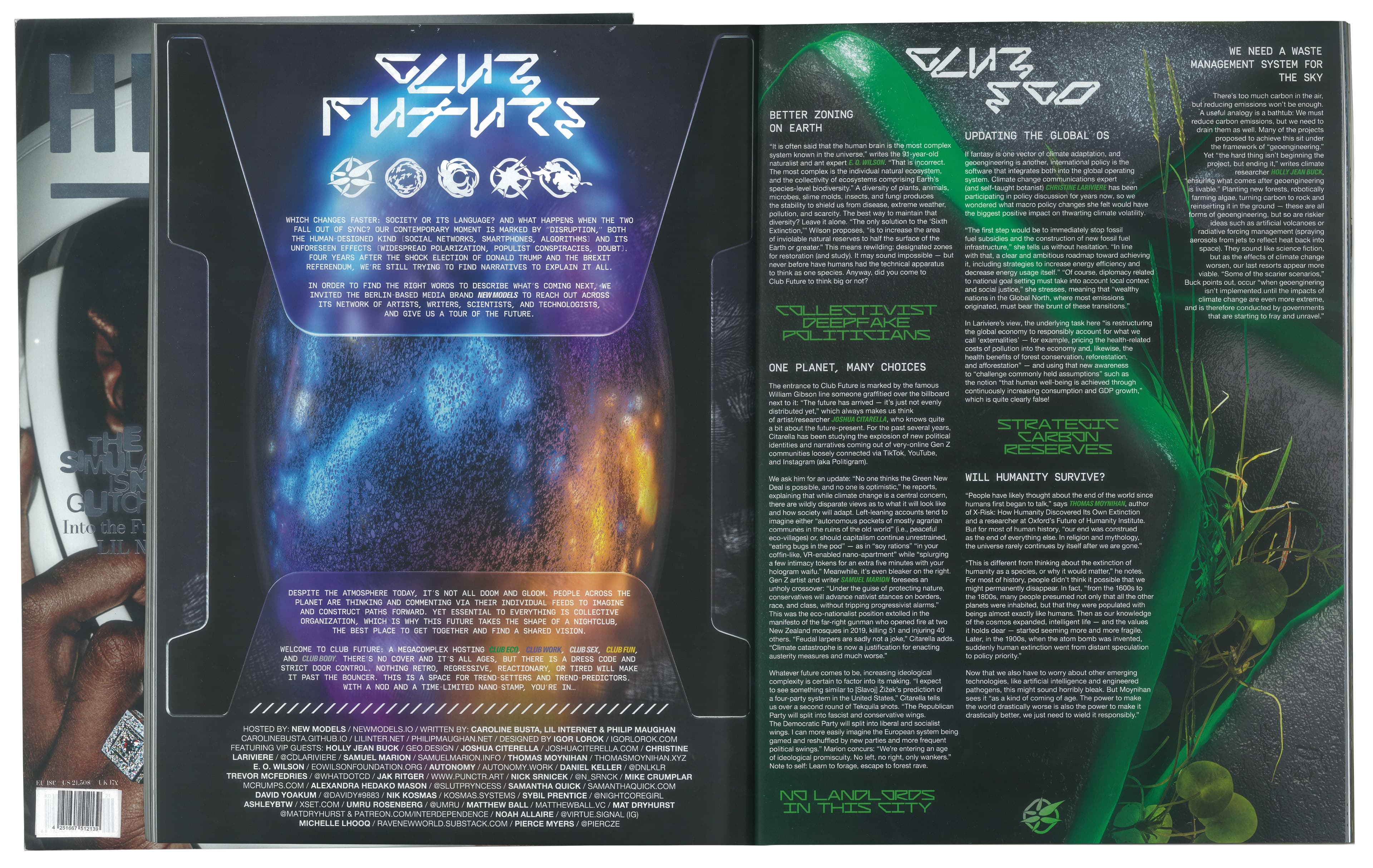 Club Future editorial spread with blue and green artwork and columns of small white text