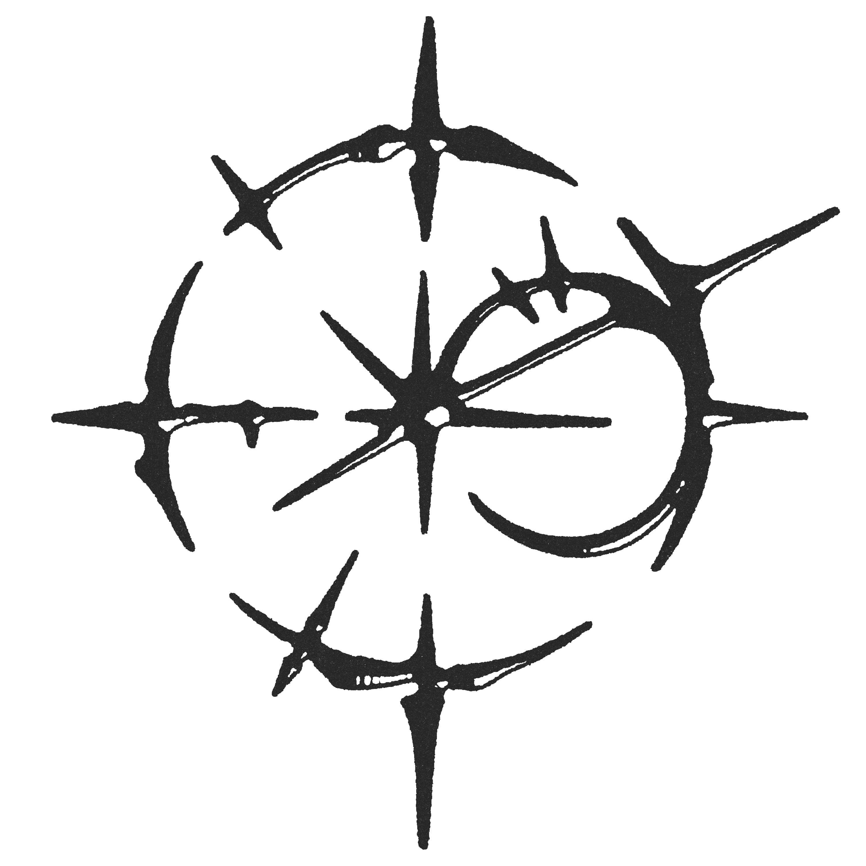 Black spiked star and crescent shapes arranged as a circular emblem on white