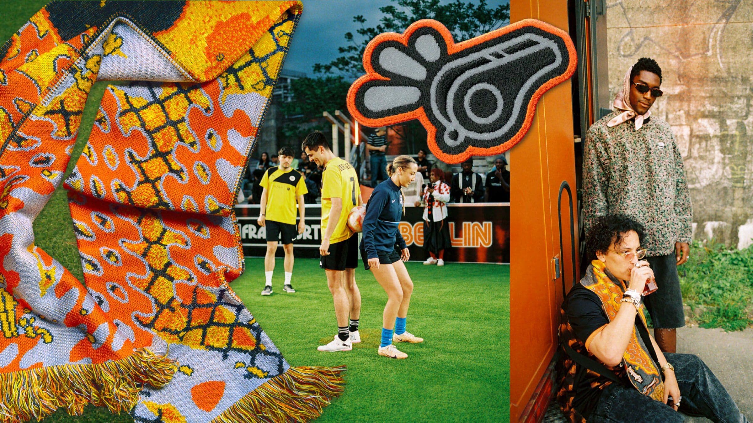 Collage of an orange patterned scarf, football pitch, participants and an outlined whistle graphic