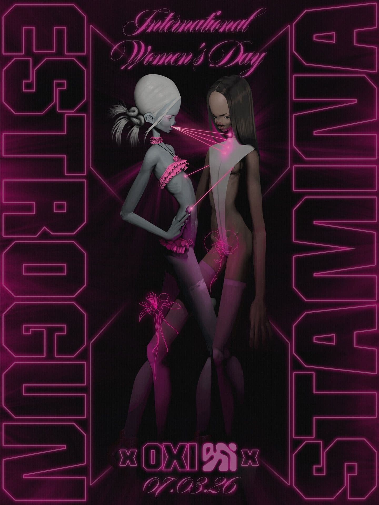 Two stylised figures between pink outlined lettering on a black poster