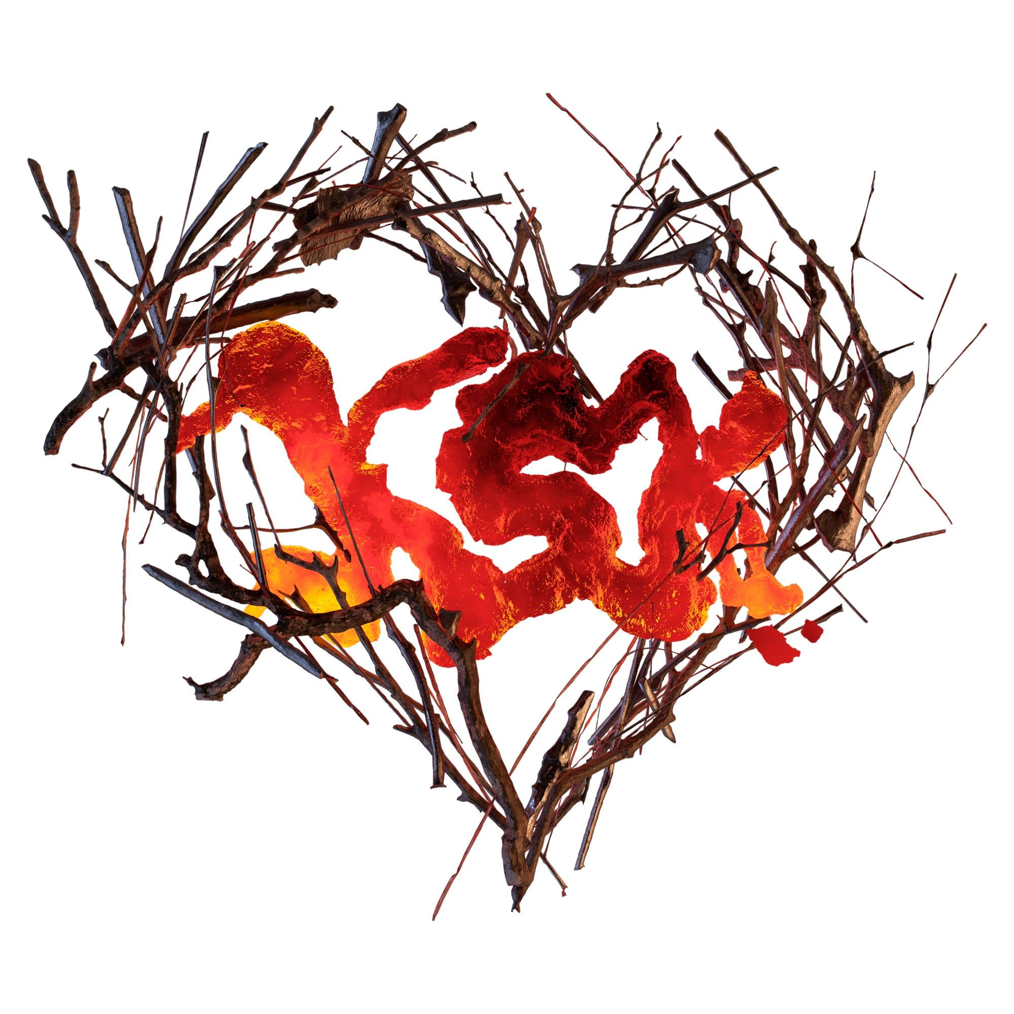 Red and orange KSK lettering enclosed by a heart shaped ring of twigs