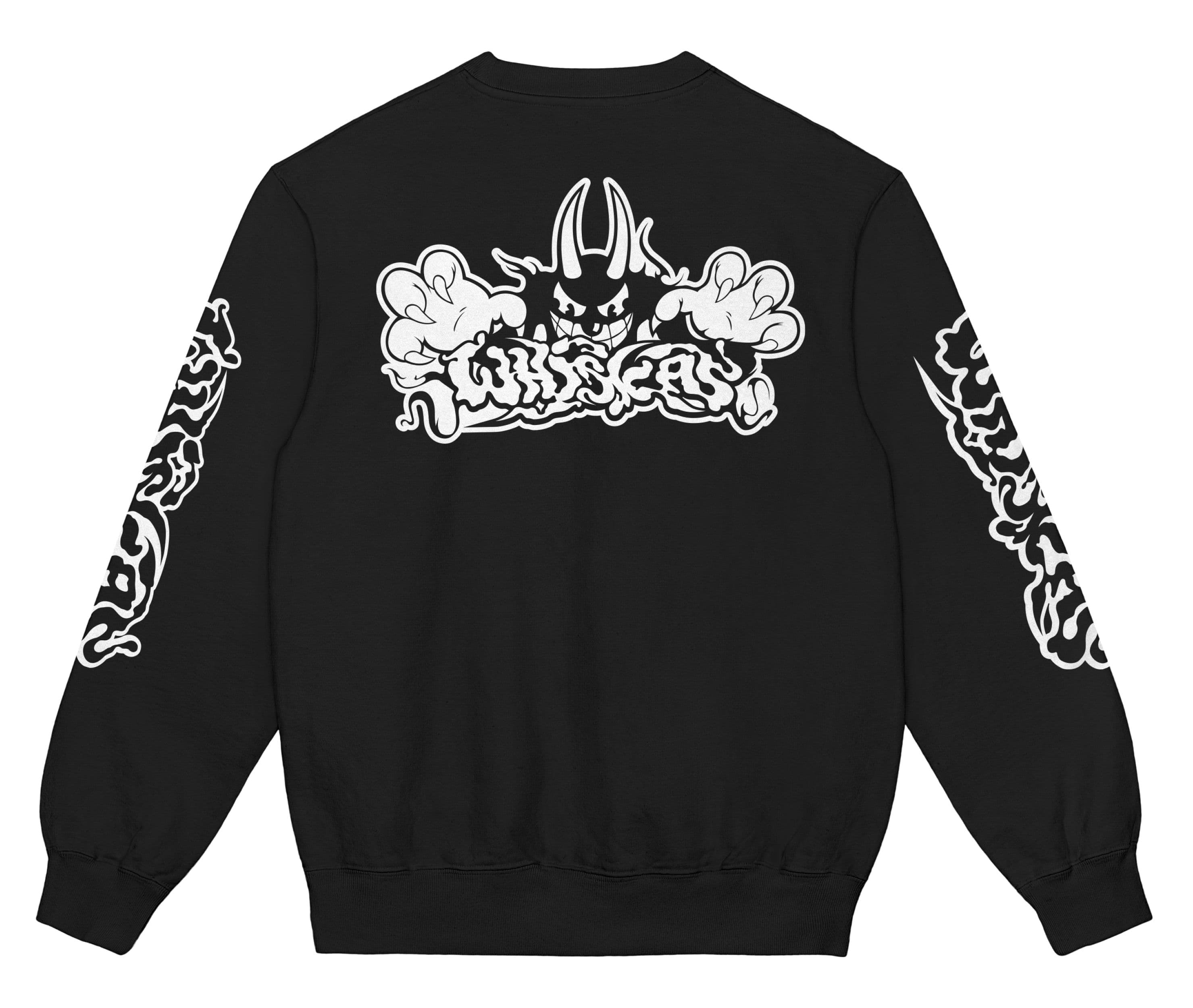 Back of a black sweatshirt with a white horned character and printed sleeves