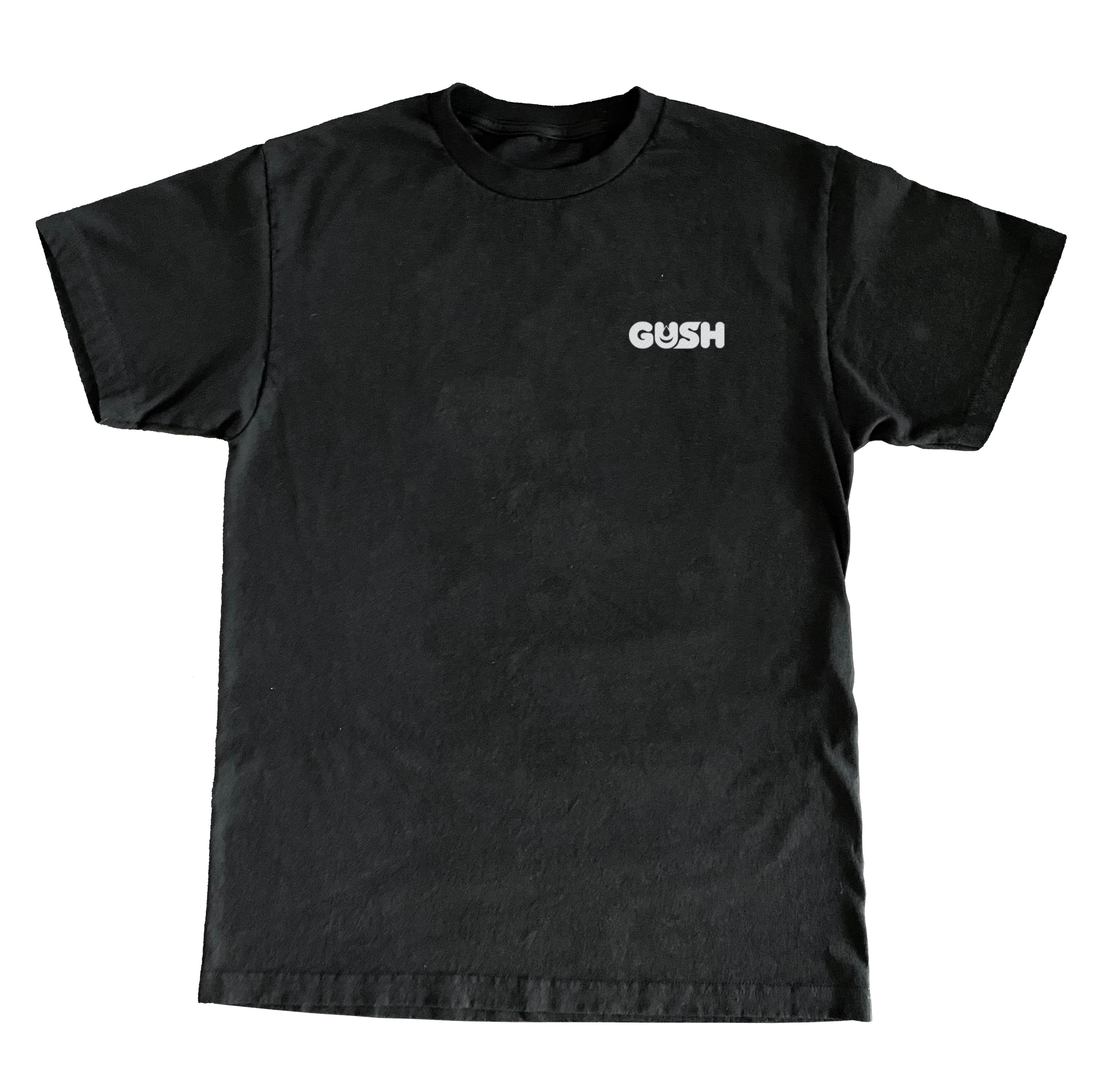 Front of a black T shirt with a small white GUSH mark on the chest